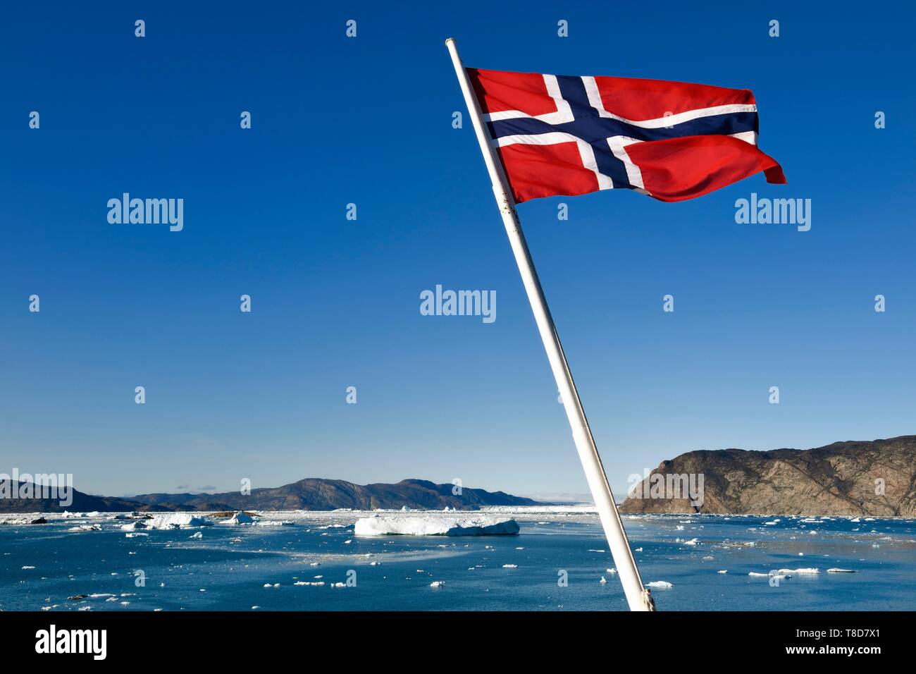 Grönland, Westküste, Diskobucht, quervain Bay, Hurtigruten MS Fram Kreuzfahrtschiff norwegische Flagge Stockfoto