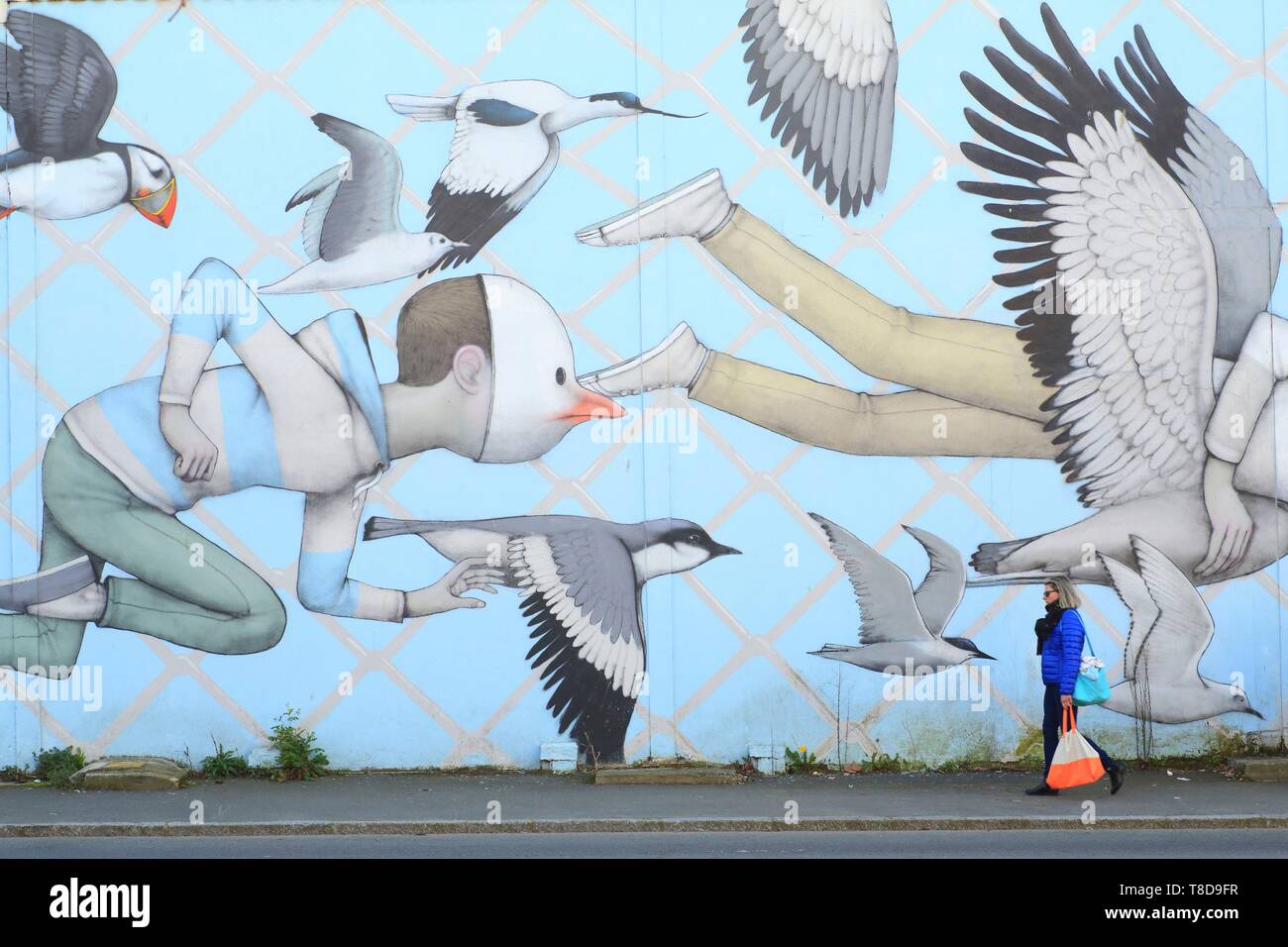 Frankreich, Ille et Vilaine, Saint Malo, Street Art des Künstlers Seth (Julien Malland) mit seinem Fresko berechtigt, auf dem Weg zur Freiheit (2015) Stockfoto