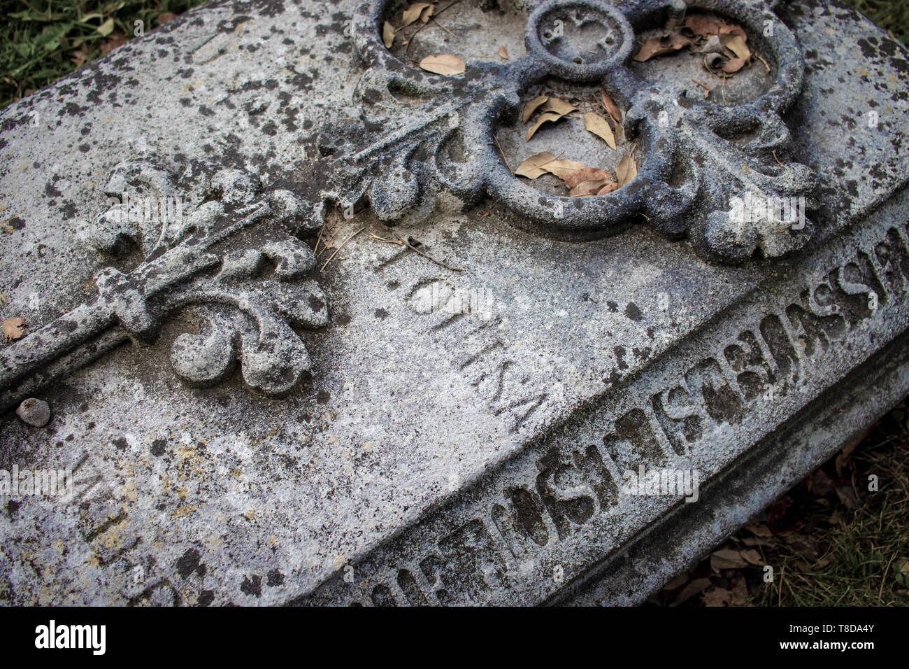 Blick hinunter auf eine Nahaufnahme eines Grabes mit der Inschrift Louisa, aufgenommen auf dem Friedhof der Nikolaikirche in Chislehurst, am 12th. Juni 2019 Stockfoto