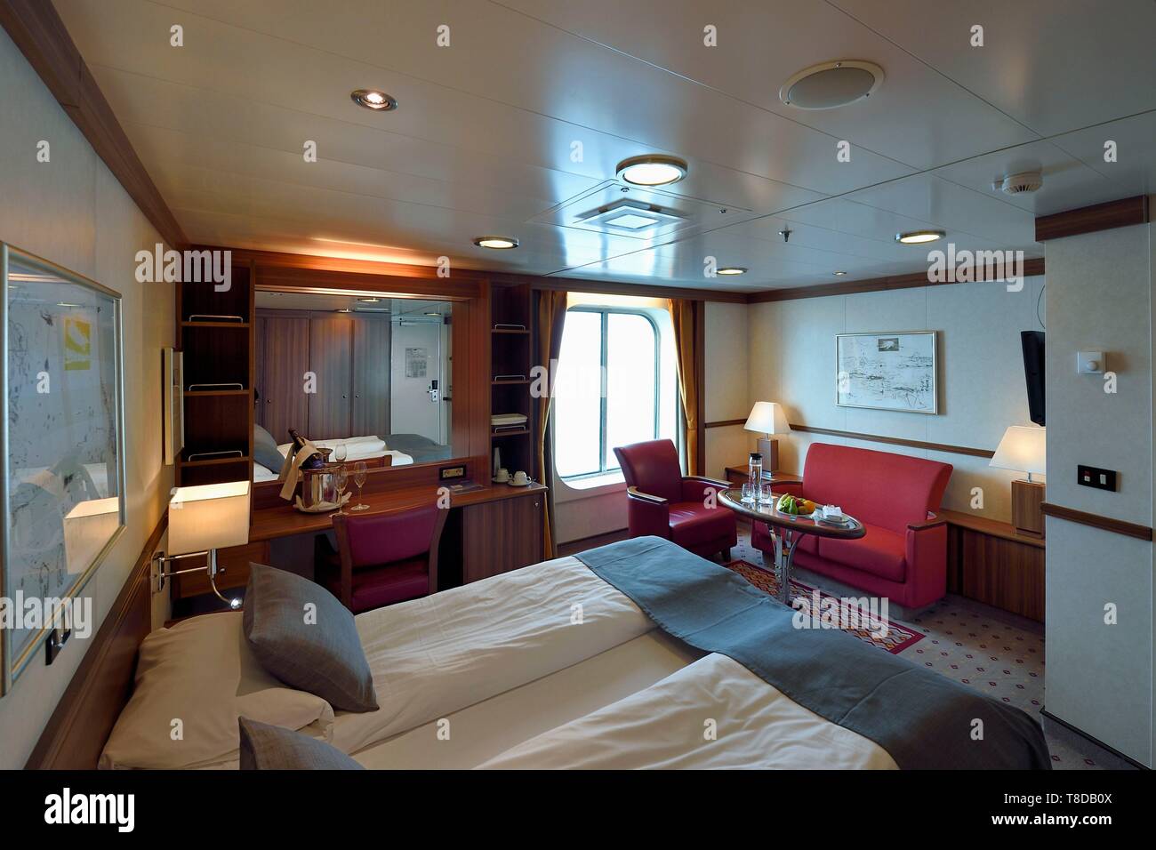 Grönland, Westküste, Hurtigruten MS Fram Kreuzfahrtschiff, Kabine der Suite auf dem oberen Deck Stockfoto