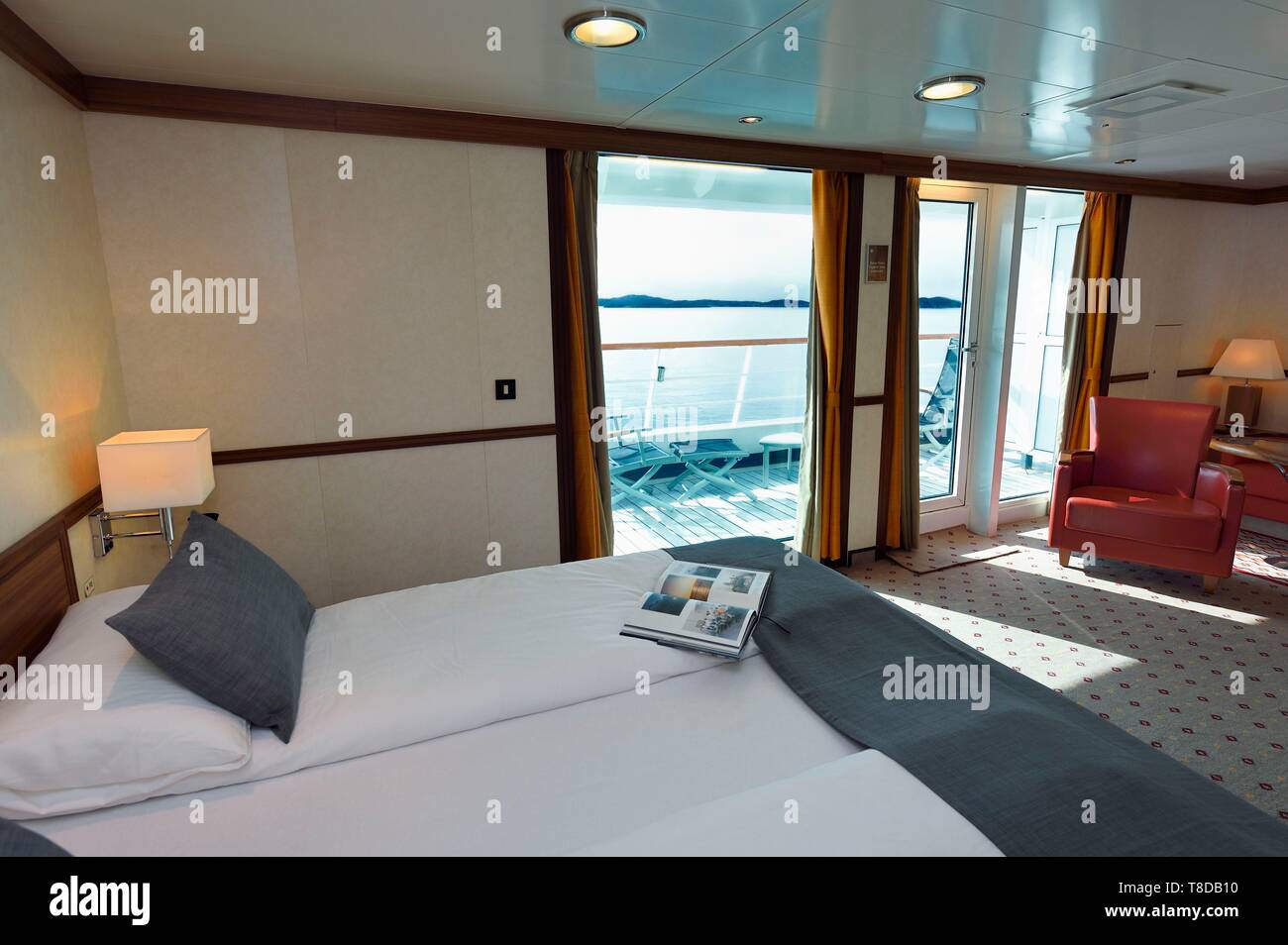 Grönland, Westküste, Hurtigruten MS Fram Kreuzfahrtschiff, Kabine der Grand Suite auf dem oberen Deck Stockfoto