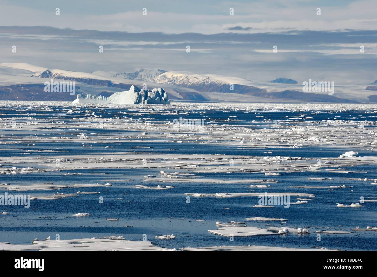 Grönland, Nordwestküste, Smith Sound im Norden von Baffin Bay, abgebrochene Teile des Arktischen Meereises und riesigen Eisberg im Hintergrund in Richtung der kanadischen Küste von Ellesmere Island Stockfoto
