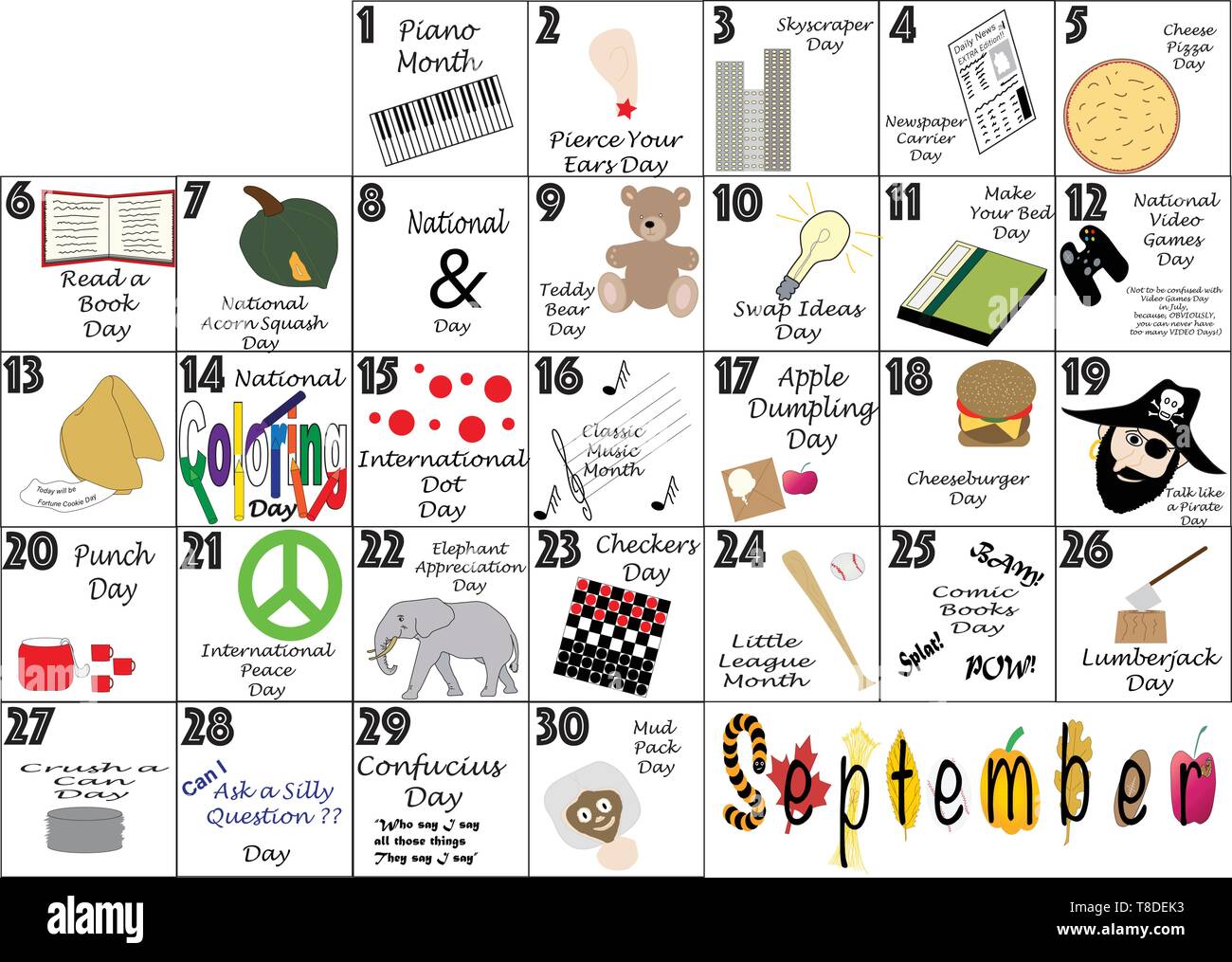 September 2020 Kalender mit täglichen schrulligen Feiertage und Ungewöhnliche Feiern dargestellt. Stock Vektor