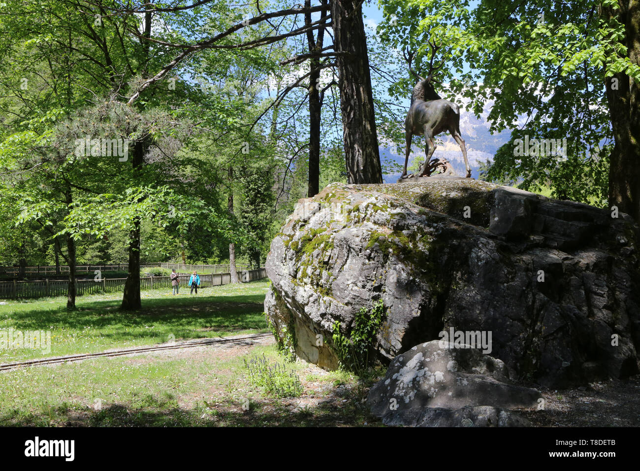 Cerf d'Europa. Statue par Pierre Louis Rouillard. 1875. Fonte de fer. Parc Thermal de Saint-Gervais-les-Bains/Le Fayet. Stockfoto