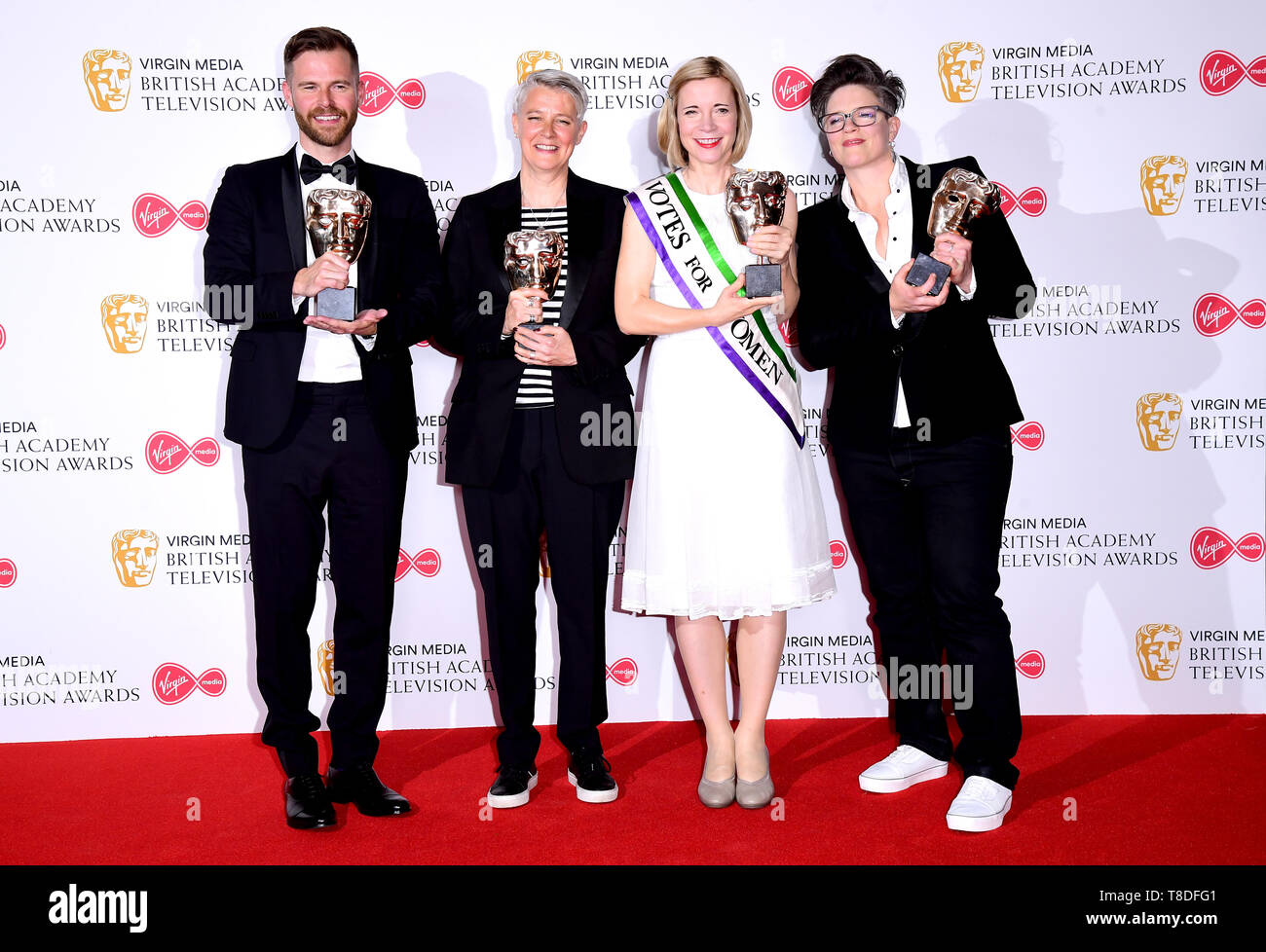 Robin Daly, Emma Hindley, Lucy Worsley und Emma Frank in der Presse, nachdem er den Preis für sachliche am Virgin Media BAFTA TV Award, in der Royal Festival Hall in London statt. Stockfoto