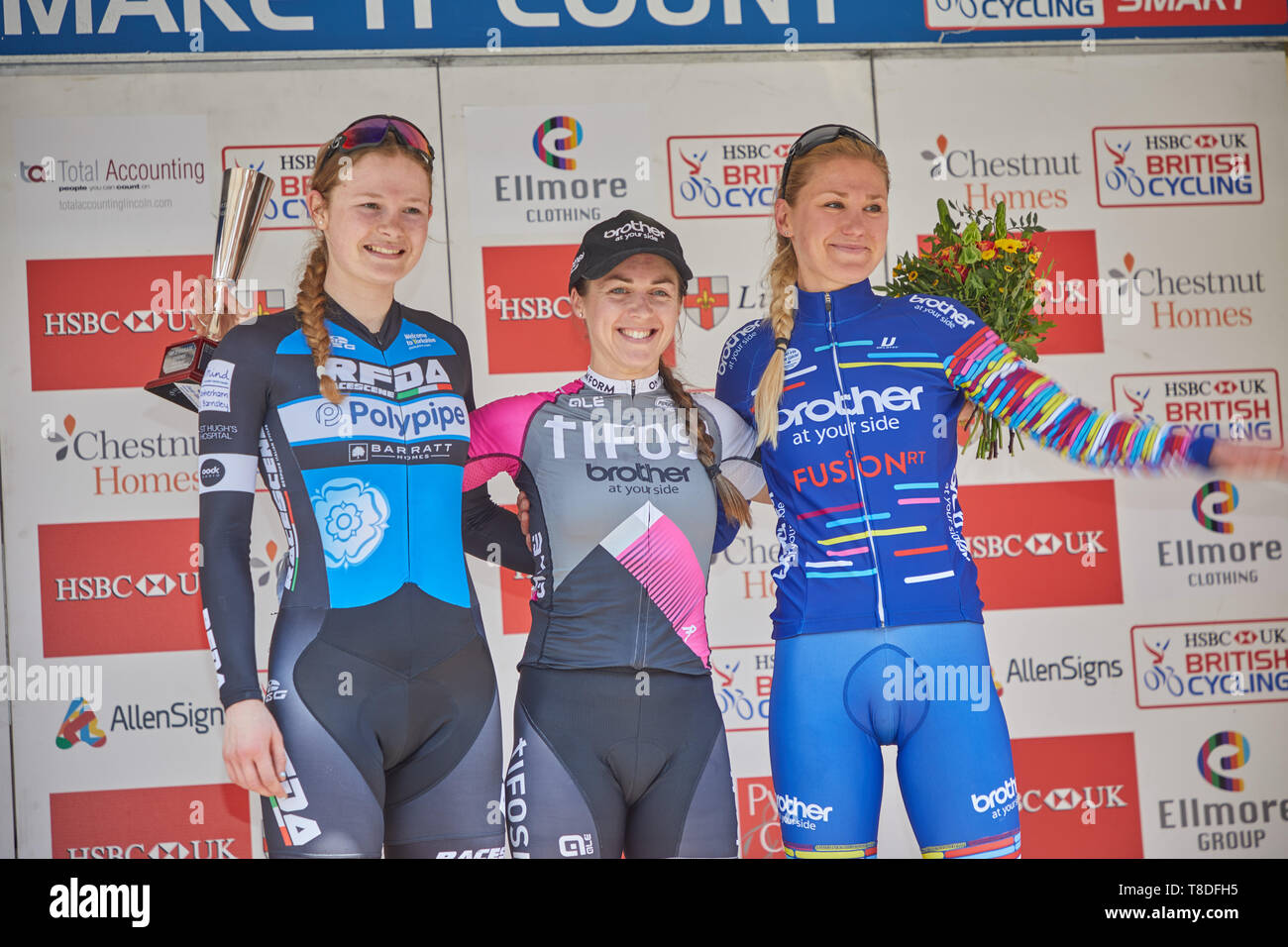 2019 Frauen Lincoln's Grand Prix 1 - 1 Rebecca Durrell Bruder UK-Tifosi p/b OnForm 2 - 74 Jessica Roberts Team Breeze 3 - 20 Joscelin Lowden Brühe Stockfoto