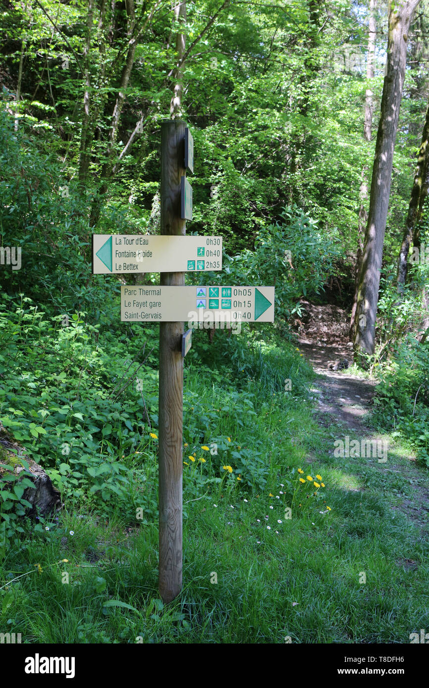 Panneau d'Indikationen. Parc Thermal de Saint-Gervais-les-Bains/Le Fayet. Stockfoto