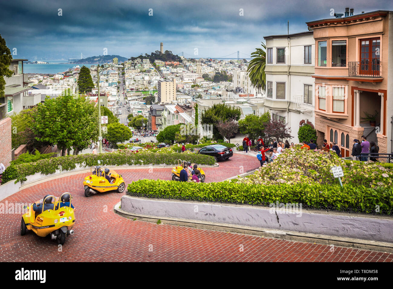 Touristen sind An der bekannten Straße Lombard Street im Zentrum von San Francisco, Kalifornien, USA Stockfoto