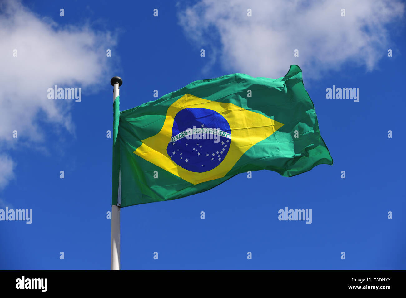 Flagge von Brasilien winken im Wind vor einem blauen sonnigen Himmel mit Wolken. Hohe Auflösung, Konzept für Reise und Tourismus. Stockfoto