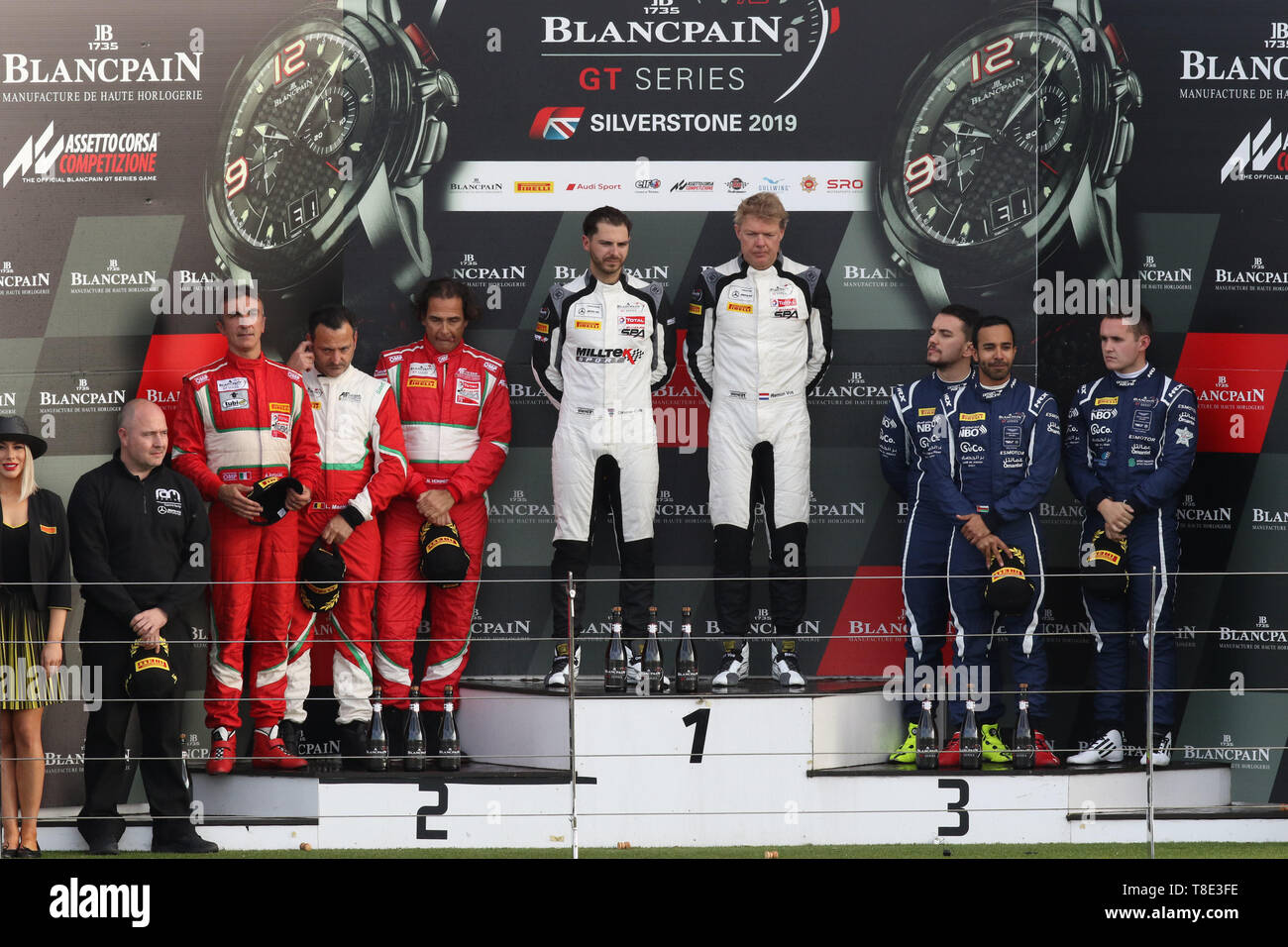 Silverstone, Großbritannien. 12. Mai 2019. Pro-Am-Cup Podium mit #1 RAM-Rennfahrer Remon Vos & Tom Onslow-Cole, #2 AF Corse Treiber Niek Hommerson, Louis Machiels & Andrea Bertolini, #3 Oman Racing mit TF Sport Fahrer Salih Yoluc, Ahmad Al Harthy & Charlie Eastwood während der 2019 Blancpain GT Serie Endurance Cup auf dem Silverstone Circuit, Silverstone, England am 12. Mai 2019. Foto von Jurek Biegus. Nur die redaktionelle Nutzung, eine Lizenz für die gewerbliche Nutzung erforderlich. Keine Verwendung in Wetten, Spiele oder einer einzelnen Verein/Liga/player Publikationen. Credit: UK Sport Pics Ltd/Alamy leben Nachrichten Stockfoto