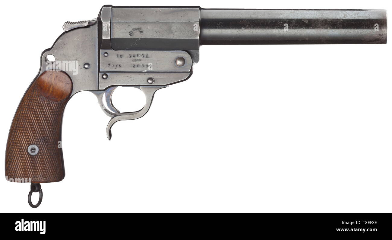 Ein aufflackern Pistole Walther, lange Doppelläufige (Heeresmodell/Armee Modell), alle - Stahl Cal. 4, Nr. 12522. Übereinstimmende Nummern. Helle Bohrung, Länge 232 mm. Gesamtlänge 325 mm. Gewicht 1460 g. Proof-markierten Krone/BU und Krone/S. Kein Signal Pin. Großen Hammer. Kleine auslösen. Auf der linken Seite des Rahmens Walther corporate Name, unter'N 4002' (=Code Nummer für 1 flare Pistole ohne Zubehör). Auf der rechten Seite des Rahmens zweizeilige Kennzeichnung '10 Gauge/78-N 20809'. All-Stahl Herstellen, gebläute. Marken vor allem auf Fass tragen. Hammer und Trigger mit Resten der Blau. Barrel p, --Not-Available Clearance-Info Additional-Rights Stockfoto