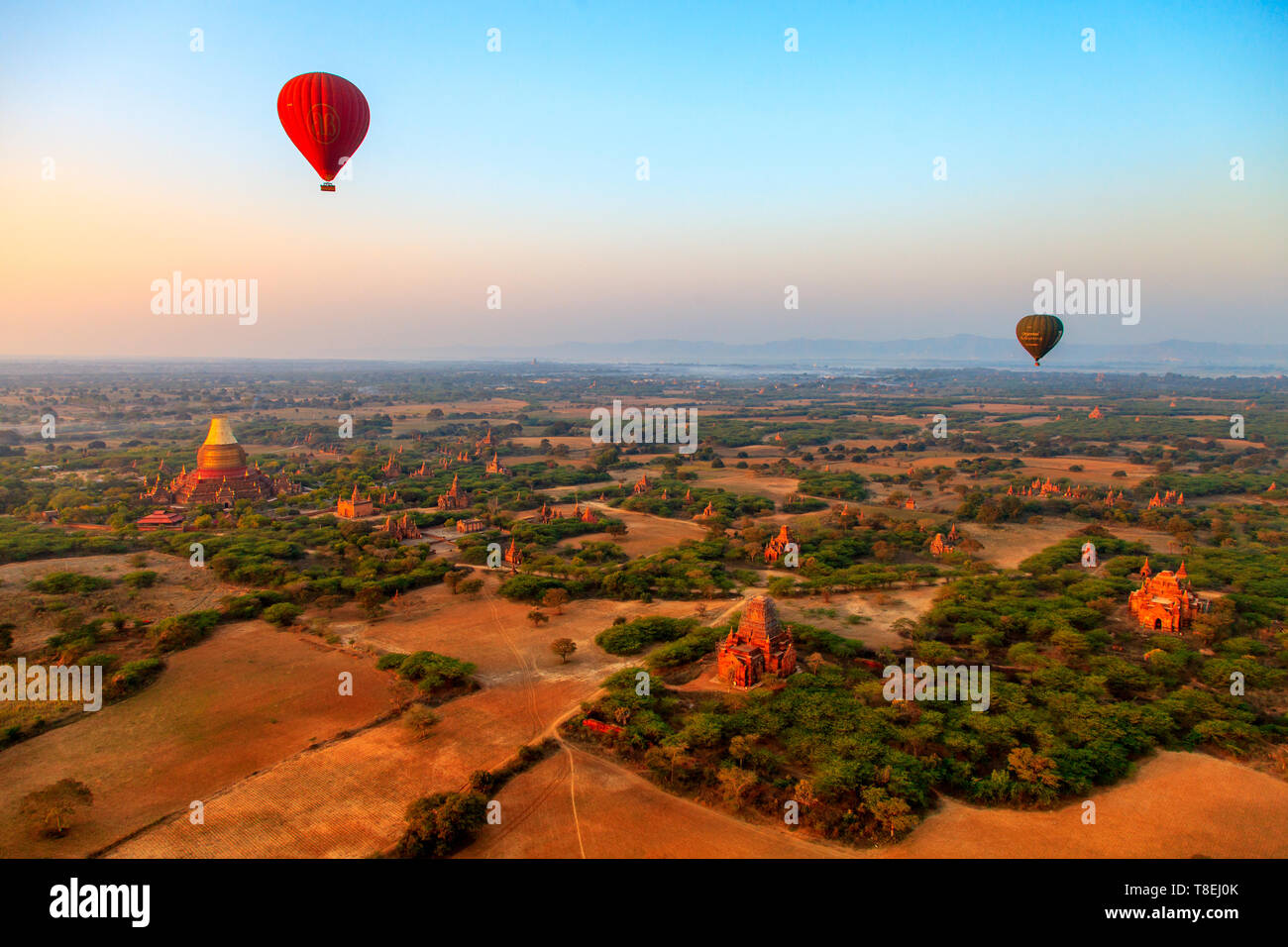 Blick von einem Heißluftballon in Bagan am frühen Morgen (Myanmar) Stockfoto