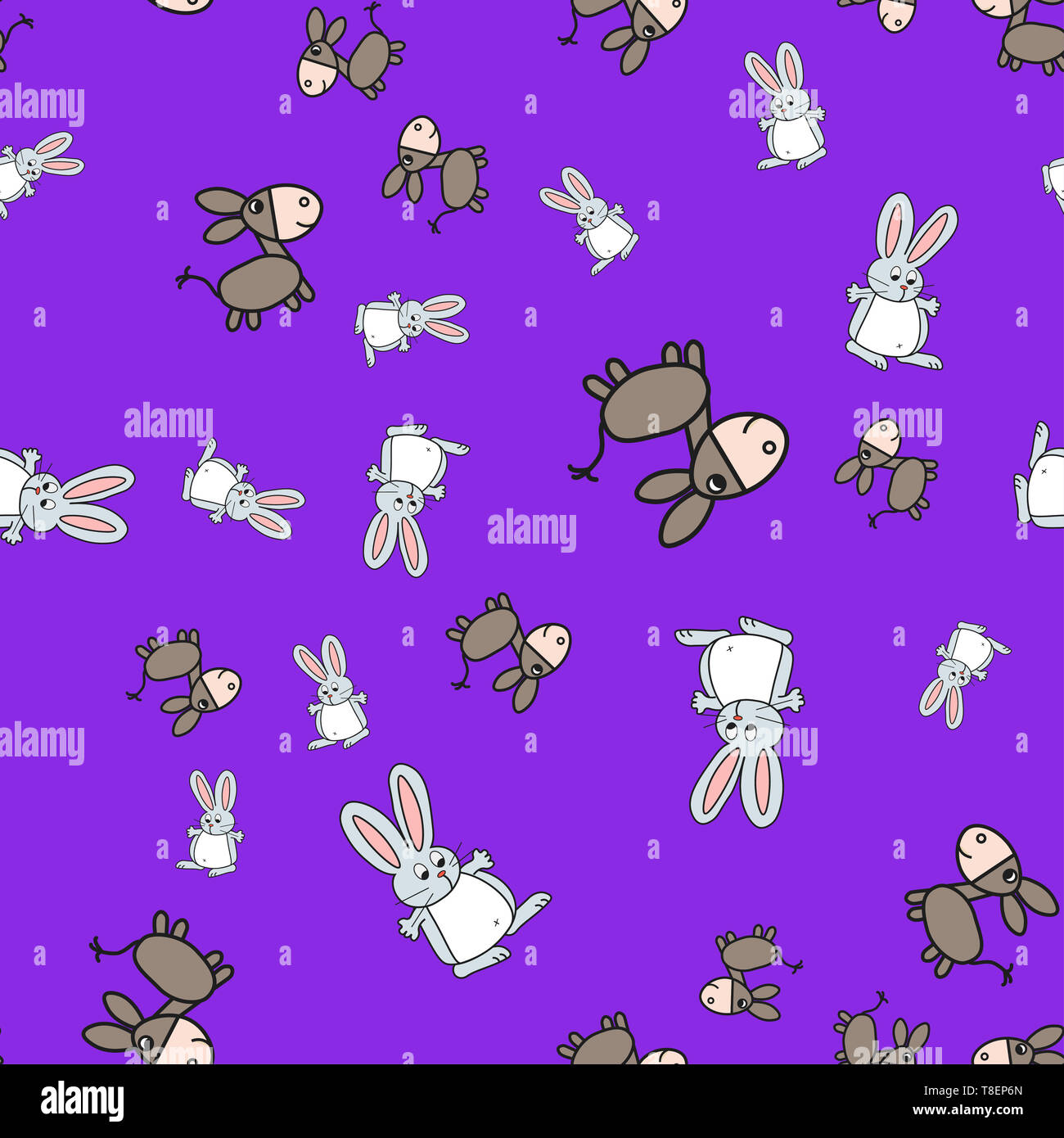 Nahtlose Muster von Hasen und Esel im Comic-stil. Auf farbigen Hintergrund, Illustration. Stockfoto