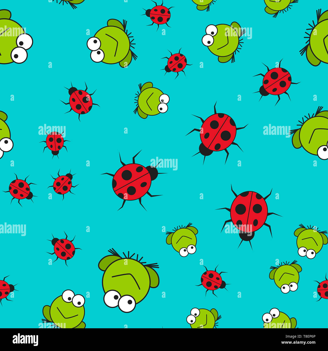 Nahtlose Muster der Frösche und Marienkäfer im Comic-stil. Auf farbigen Hintergrund, Illustration. Stockfoto