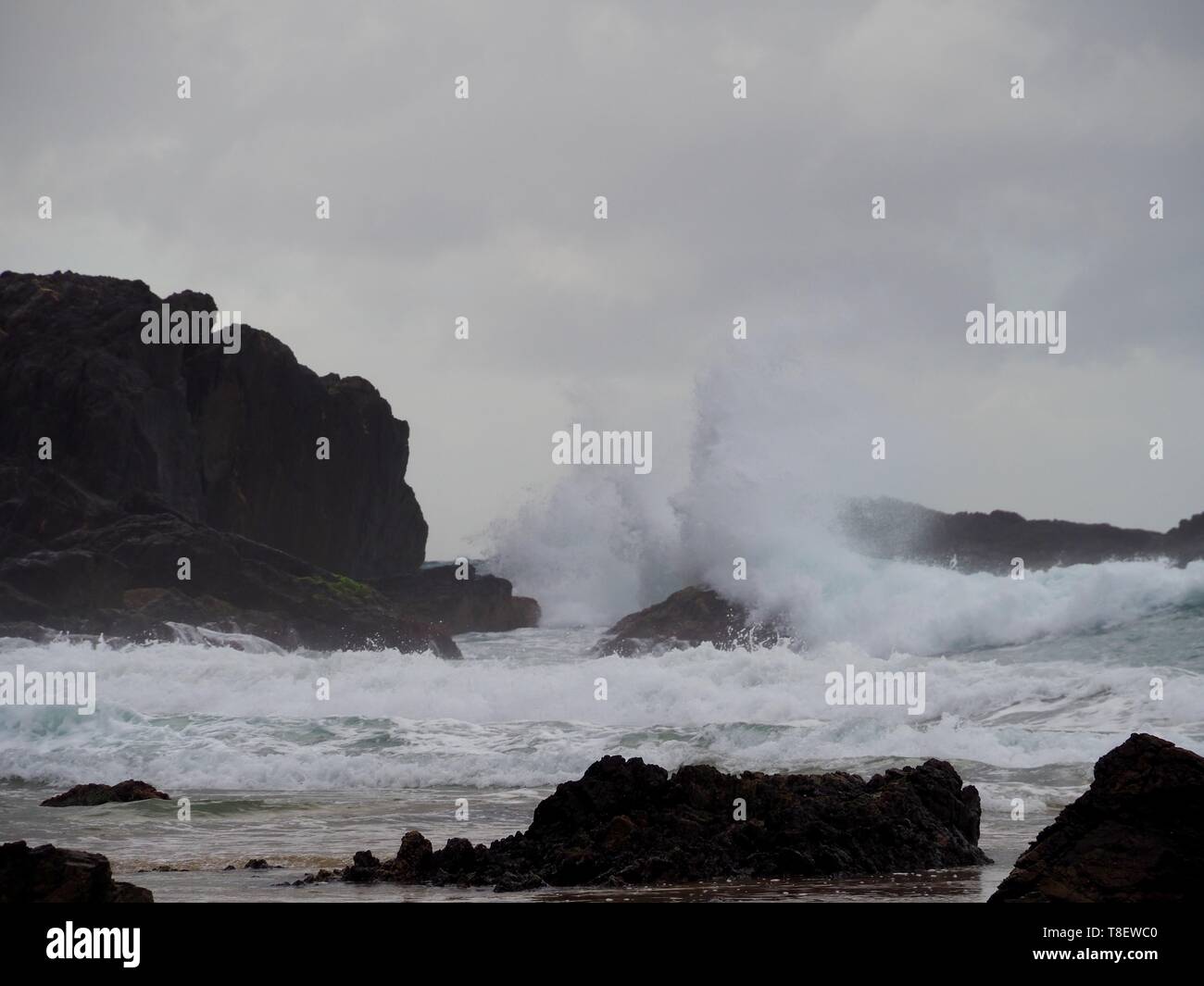 Die Wellen gegen die Felsen am australischen Strand explodieren Stockfoto