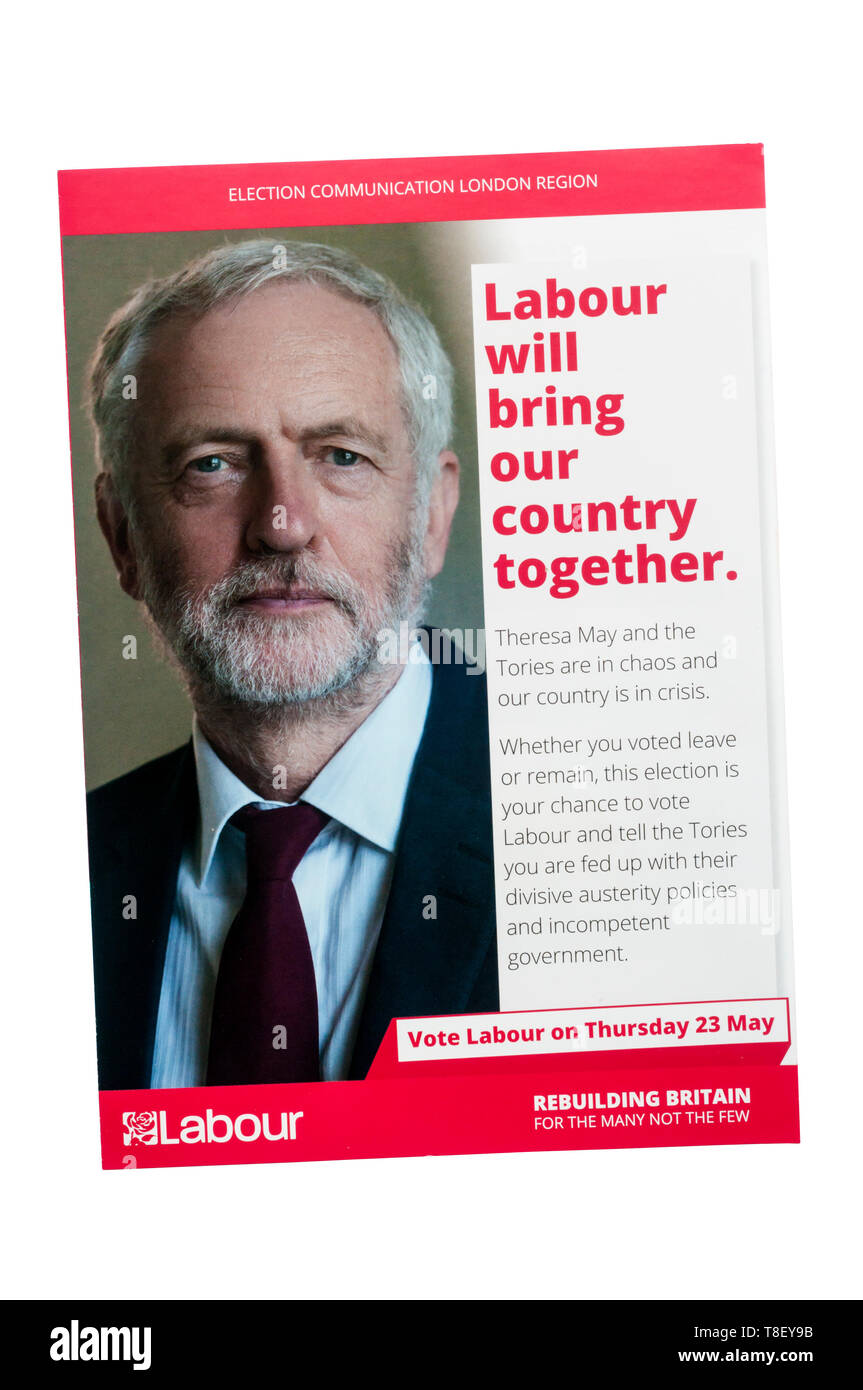 Europawahl 2019 die Packungsbeilage von der Labour Party unter der Leitung von Jeremy Corbyn. Stockfoto