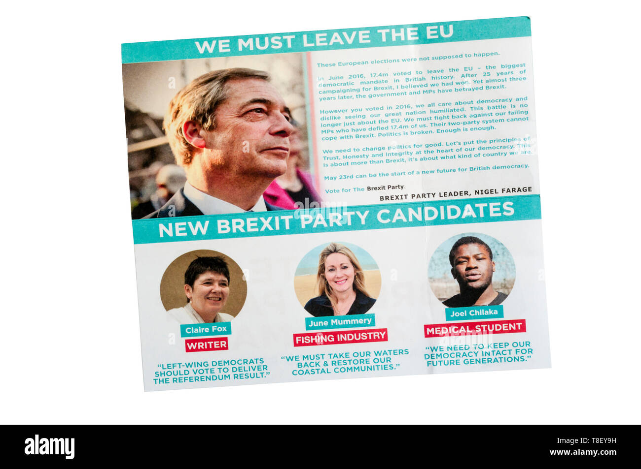 Europawahl Merkblatt 2019 aus dem Brexit Partei von Nigel Farage. Stockfoto