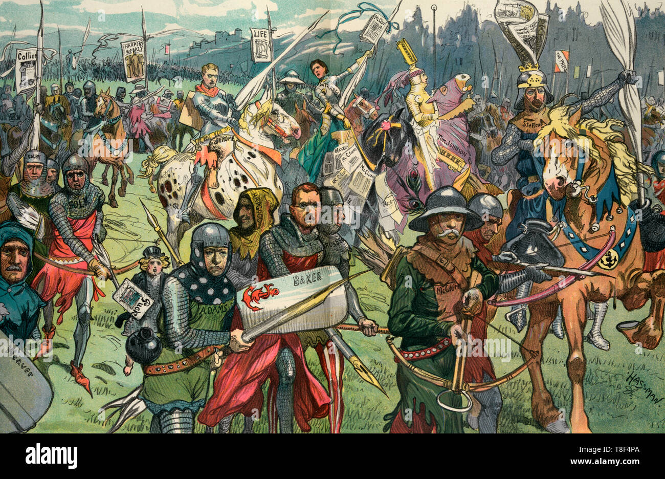 Die kreuzfahrer - Abbildung zeigt eine große Gruppe von Politikern und Journalisten als Ritter auf einem Kreuzzug gegen die Transplantation und der Korruption. Tragen viele große Stifte wie eine Lanze; periodische sind 'Colliers, Harper's Weekly, Leben, Puck, und McClure's Magazine erwähnt. 1906 Stockfoto