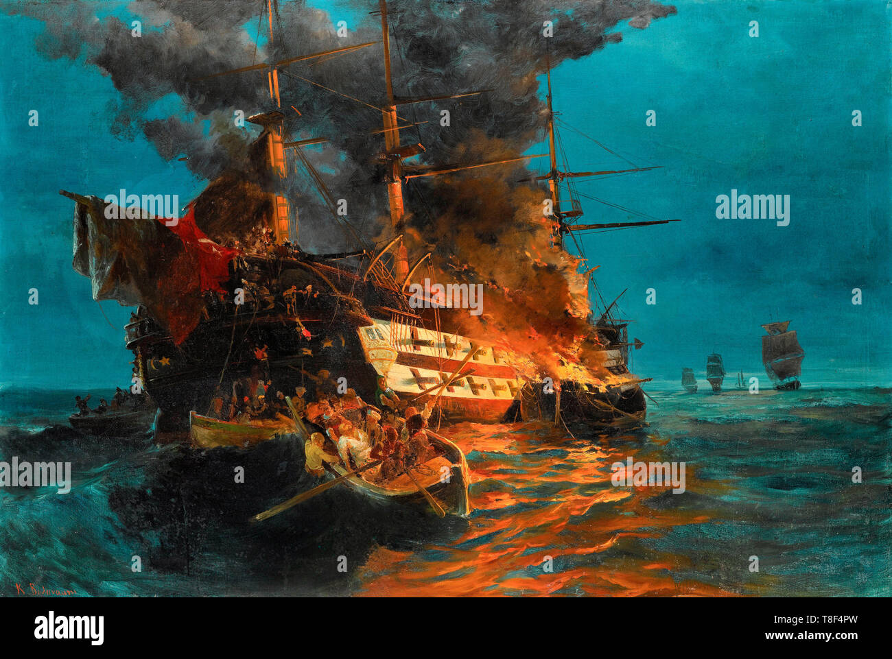 Die Verbrennung von einem türkischen Fregatte aus dem griechischen Unabhängigkeitskrieg 1821 - Konstantinos Volanakis Stockfoto