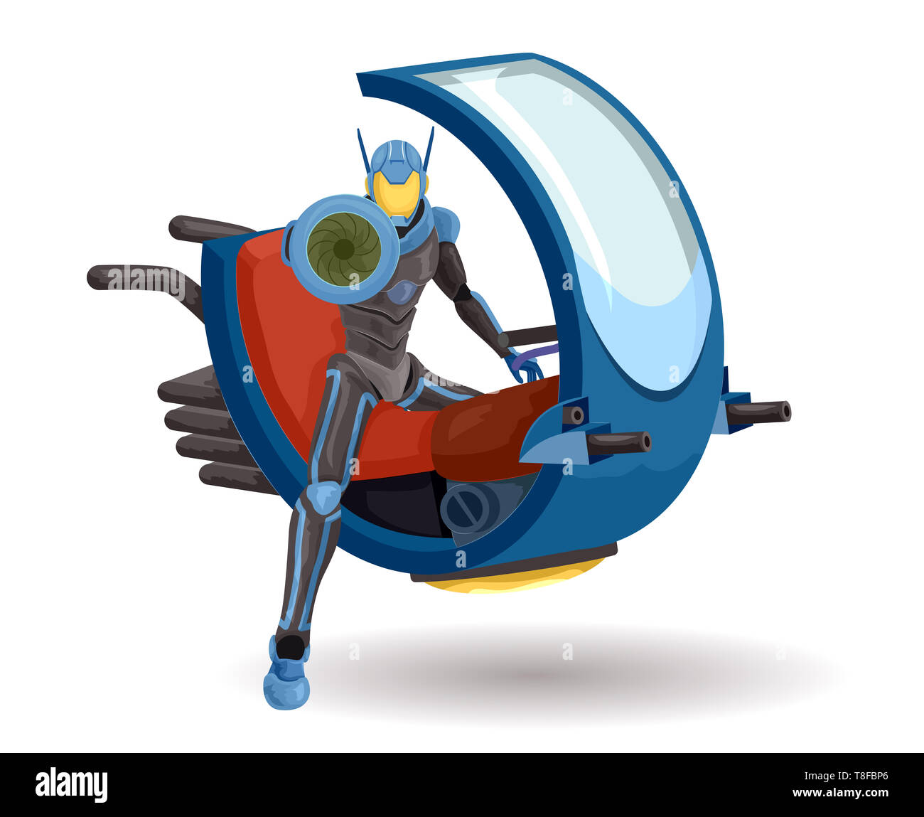 Abbildung: Fantasy Polizei Roboter mit dem Ziel, ein Maschinengewehr und Reiten einen schwebenden Bike Stockfoto
