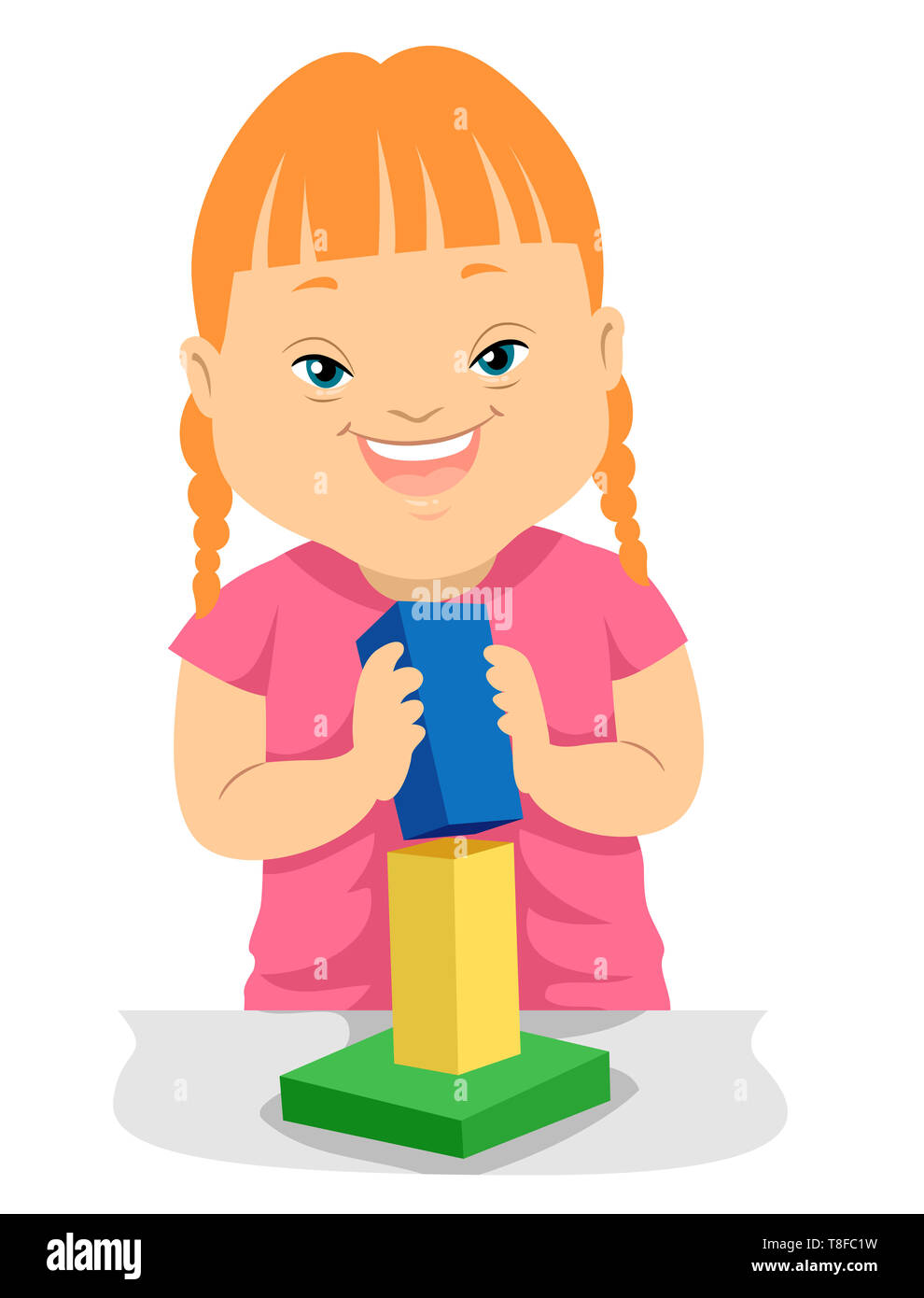 Abbildung: ein Kind Mädchen mit Down-syndrom Spielen mit Bausteine Stockfoto