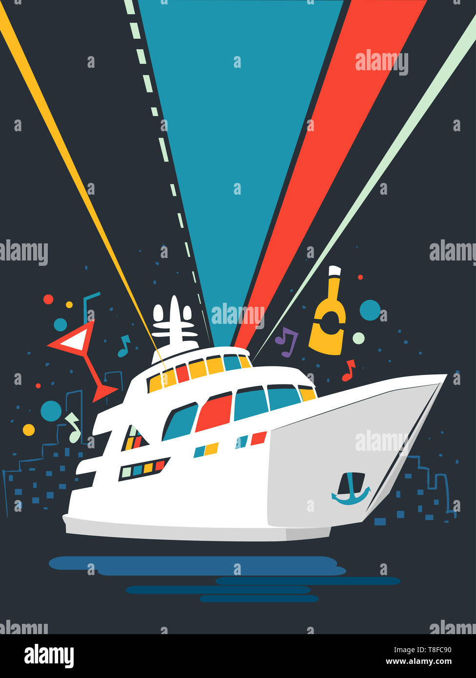Abbildung einer Yacht Party Poster Design mit leuchtet strahlend und Getränke Elemente Stockfoto