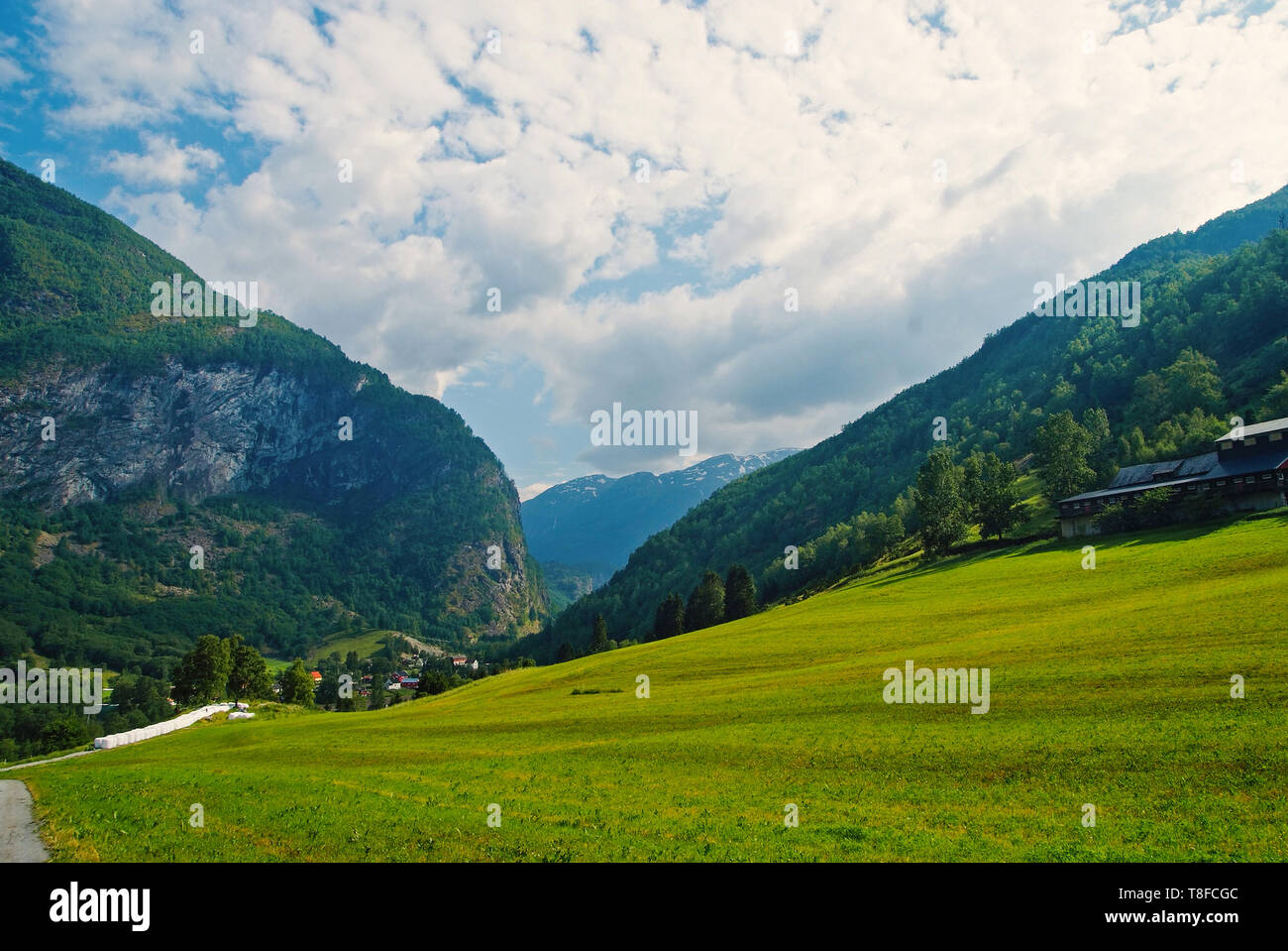 Berg Tal an bewölkten Himmel in Flam, Norwegen. Grüne Berglandschaft. Schönheit der Natur. Wandern und Camping. Reise Sommer und Reisen. Ferienhäuser und Fernweh. Stockfoto