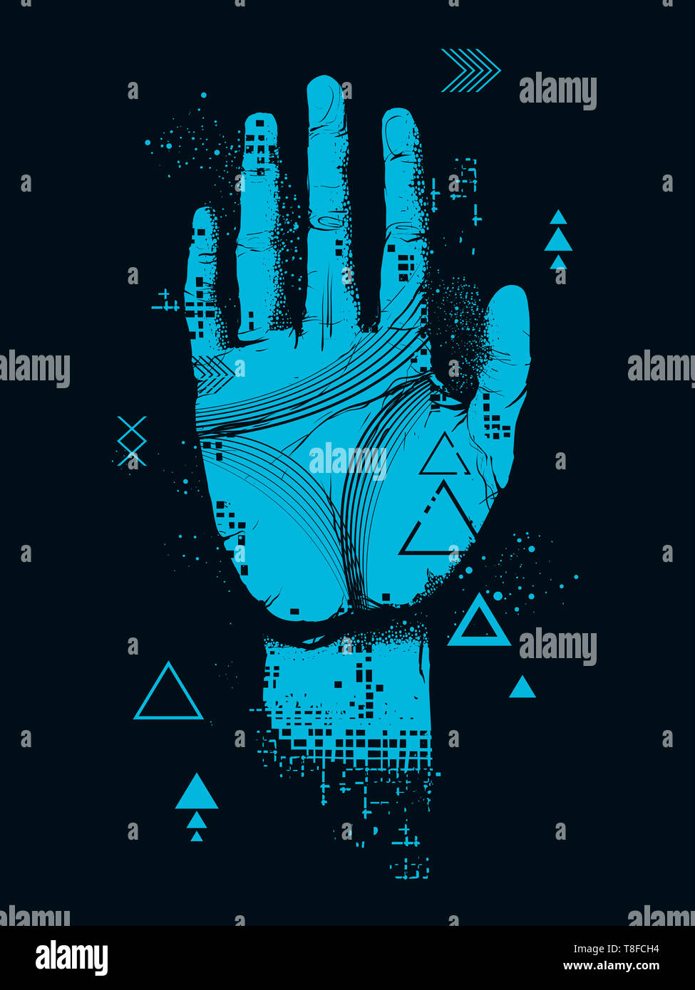 Abbildung eines Digitalen Hand mit Bits, Pixel und Linien Stockfoto