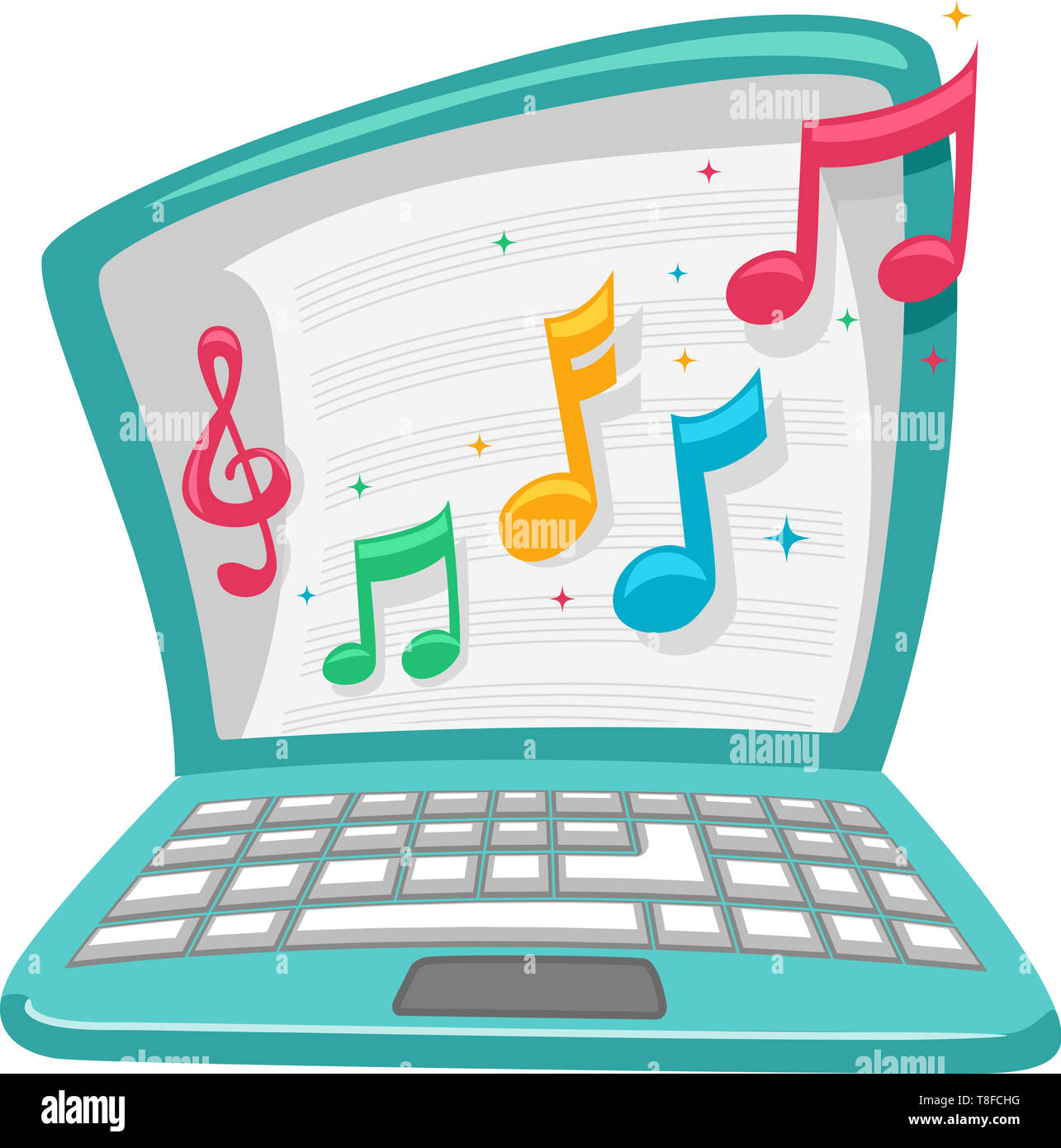 Abbildung: ein Laptop mit Noten und Musik Blätter, wie Online Musik Klasse Stockfoto