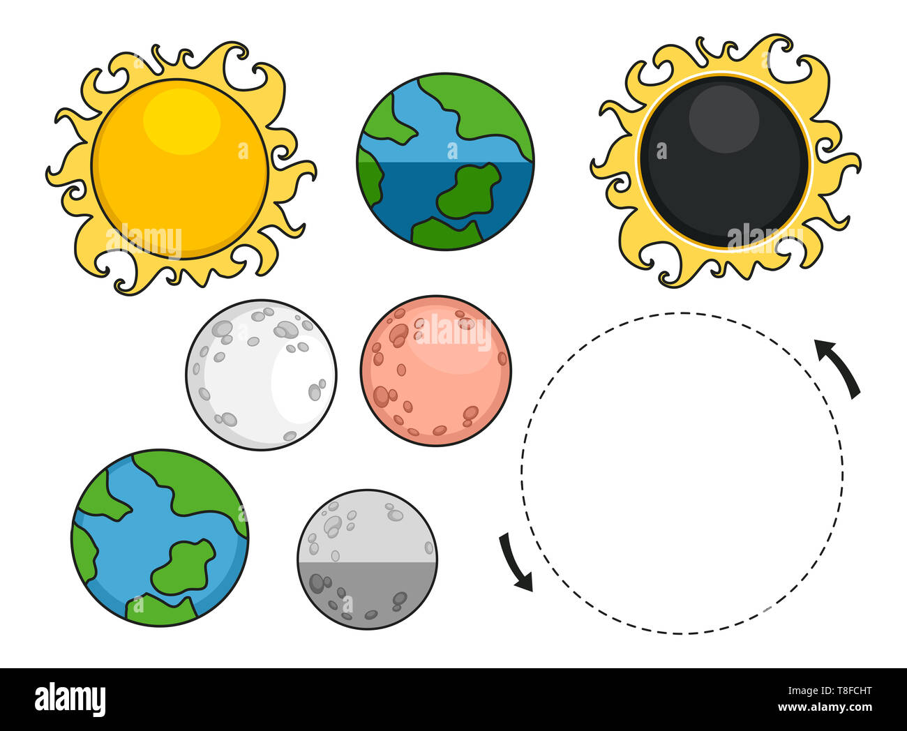 Abbildung: eine Mondfinsternis Elemente von Sonne, Erde und Mond Stockfoto