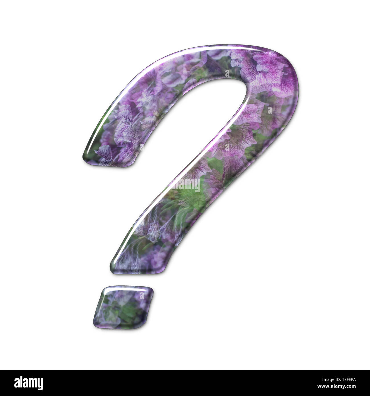 Das Fragezeichen. Teil einer Reihe von Buchstaben, Zahlen und Symbole von 3D Buchstaben mit einem floralen Bild auf weißem Hintergrund Stockfoto