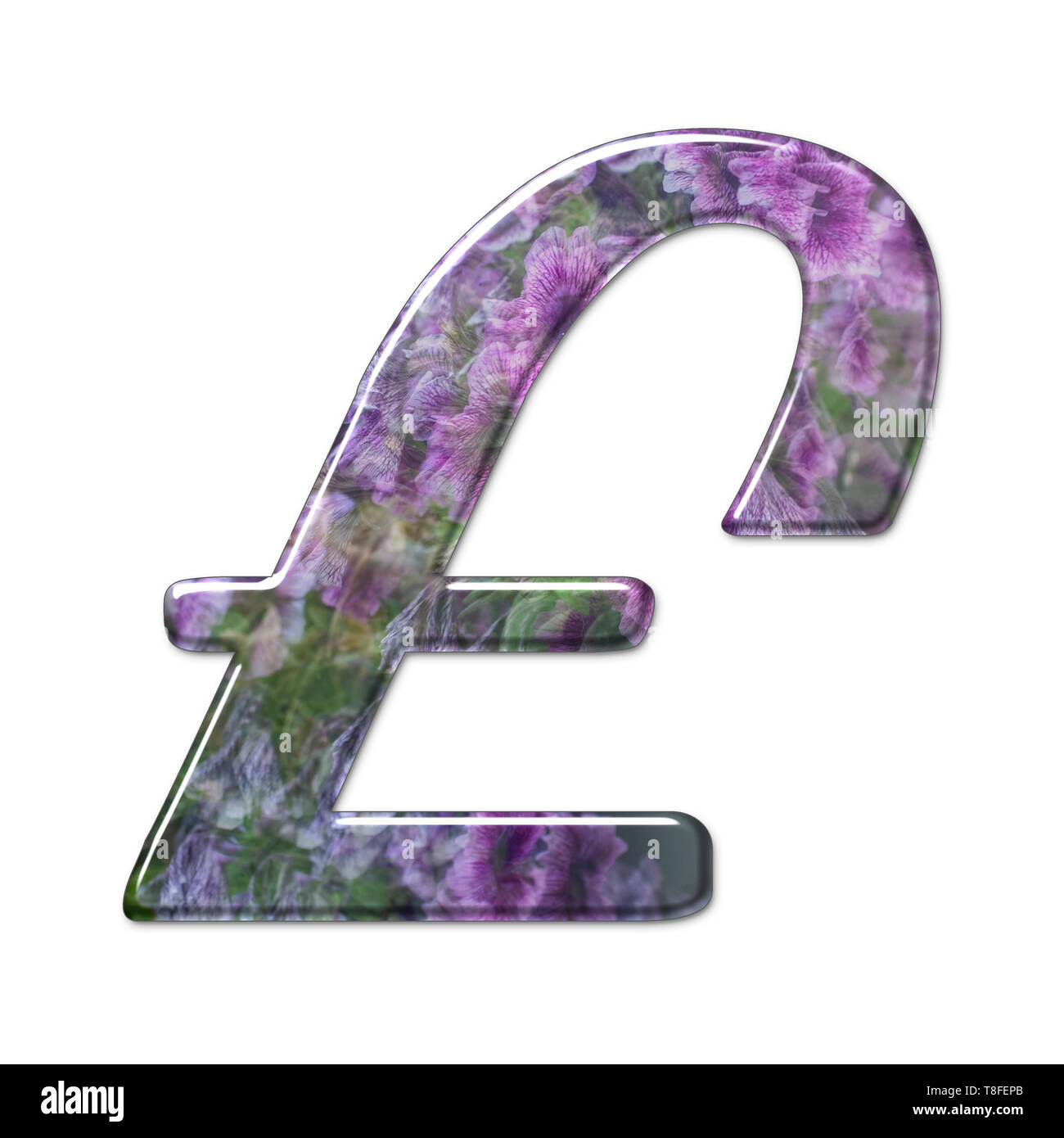 Das Pfund Währungssymbol. Teil einer Reihe von Buchstaben, Zahlen und Symbole von 3D Buchstaben mit einem floralen Bild auf weißem Hintergrund Stockfoto