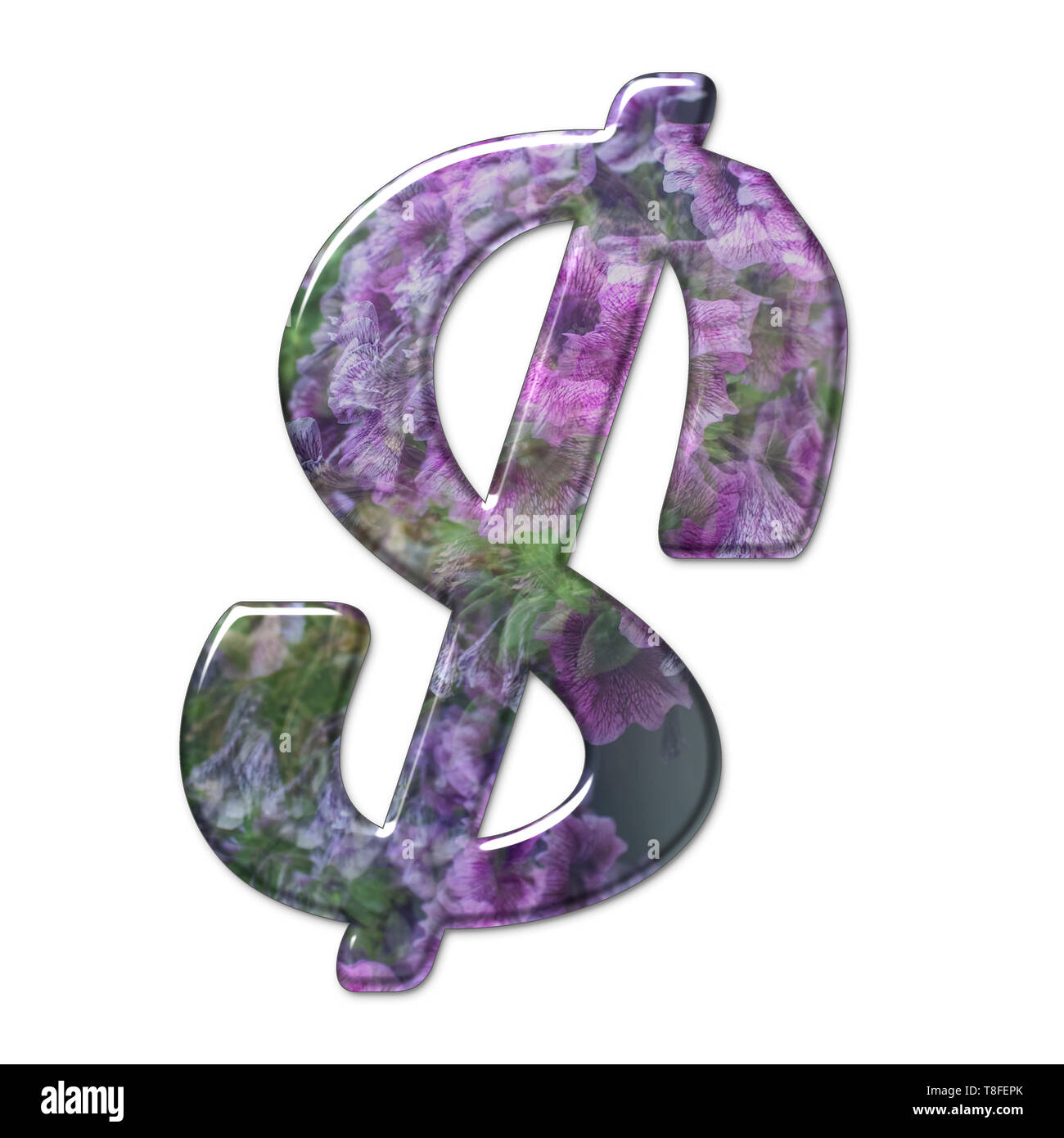 Das dollarsymbol. Teil einer Reihe von Buchstaben, Zahlen und Symbole von 3D Buchstaben mit einem floralen Bild auf weißem Hintergrund Stockfoto