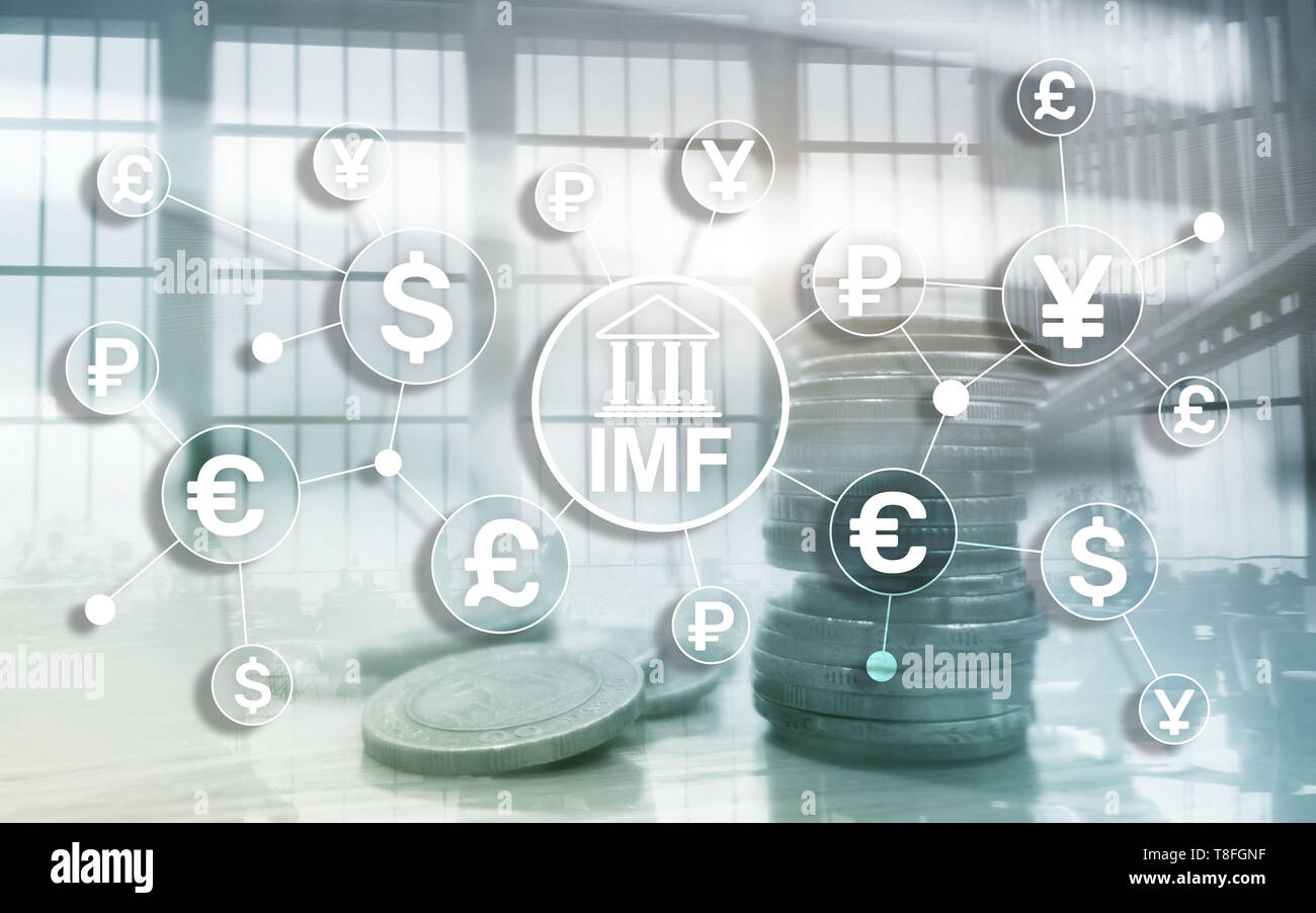 Iwf Internationaler Währungsfonds globale Bank Organisation. Geschäftskonzept auf verschwommenen Hintergrund. Stockfoto