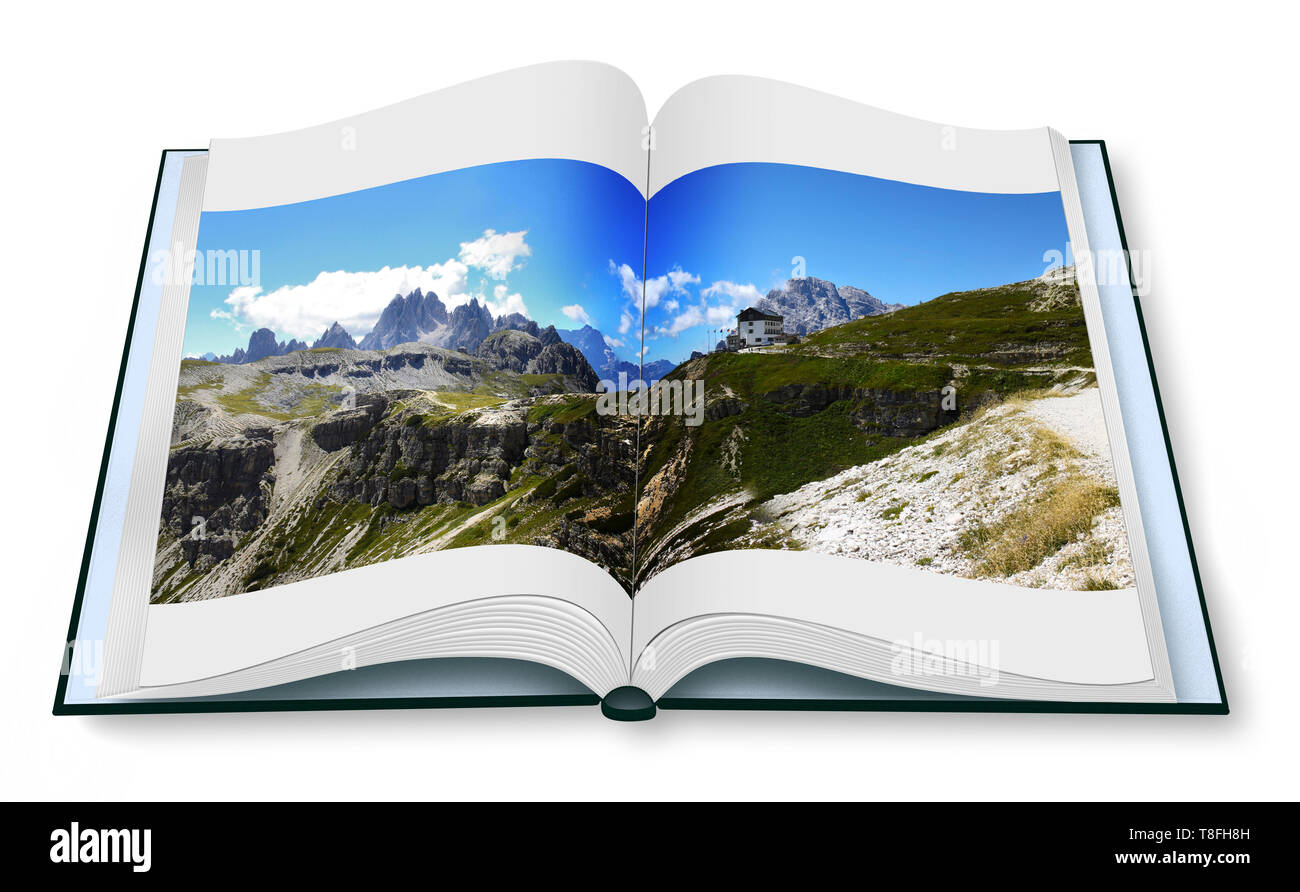 Geöffnet Fotobuch auf weißem Hintergrund mit herrlichem Blick auf die Dolomiten (Italien). Auf dem Hintergrund der Blick auf Auronzo Hütte: die Poi Stockfoto