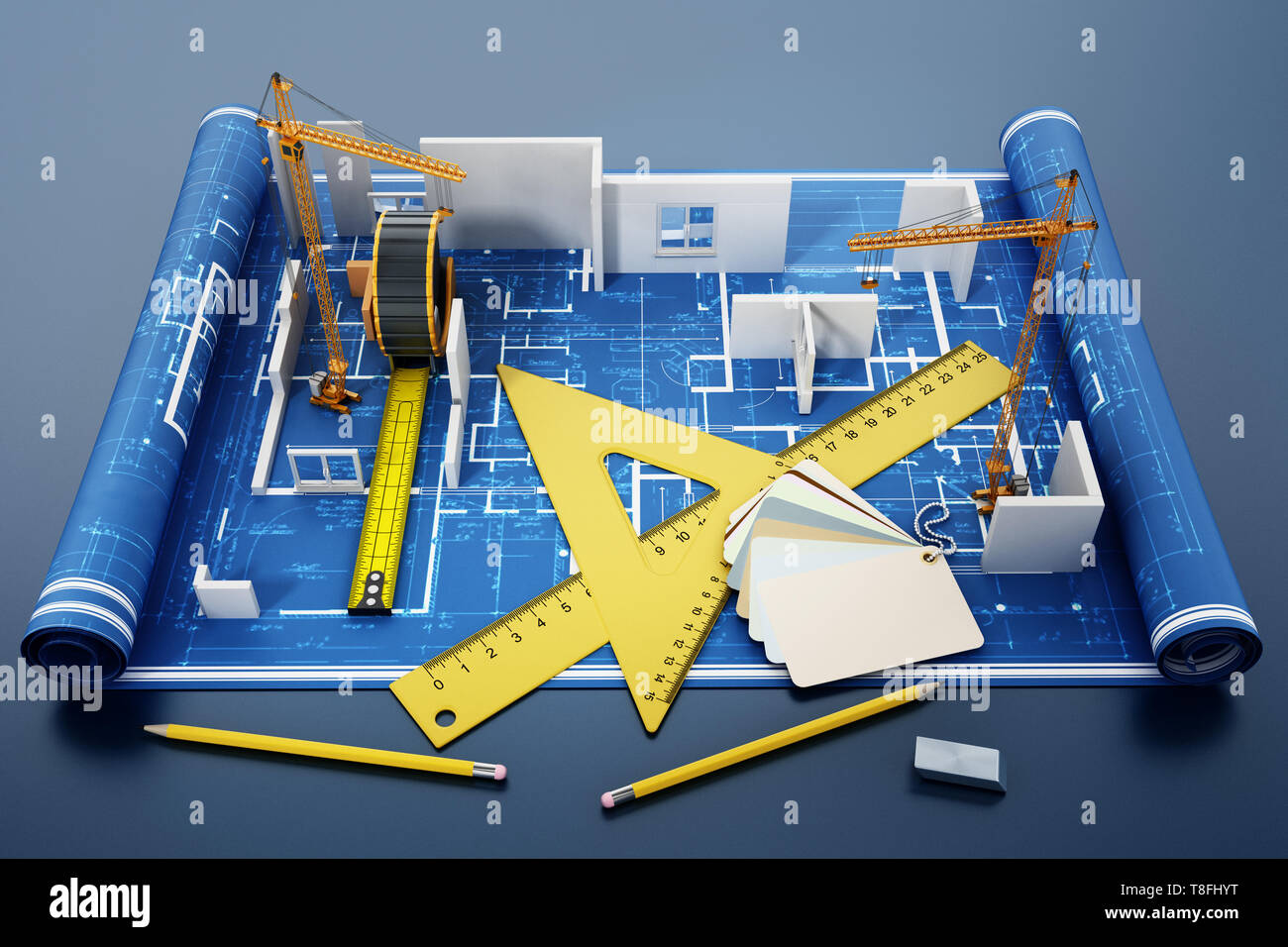 Haus Bauvorhaben mit Linealen, Maßband, Bleistifte und Farbe cartela. 3D-Darstellung. Stockfoto