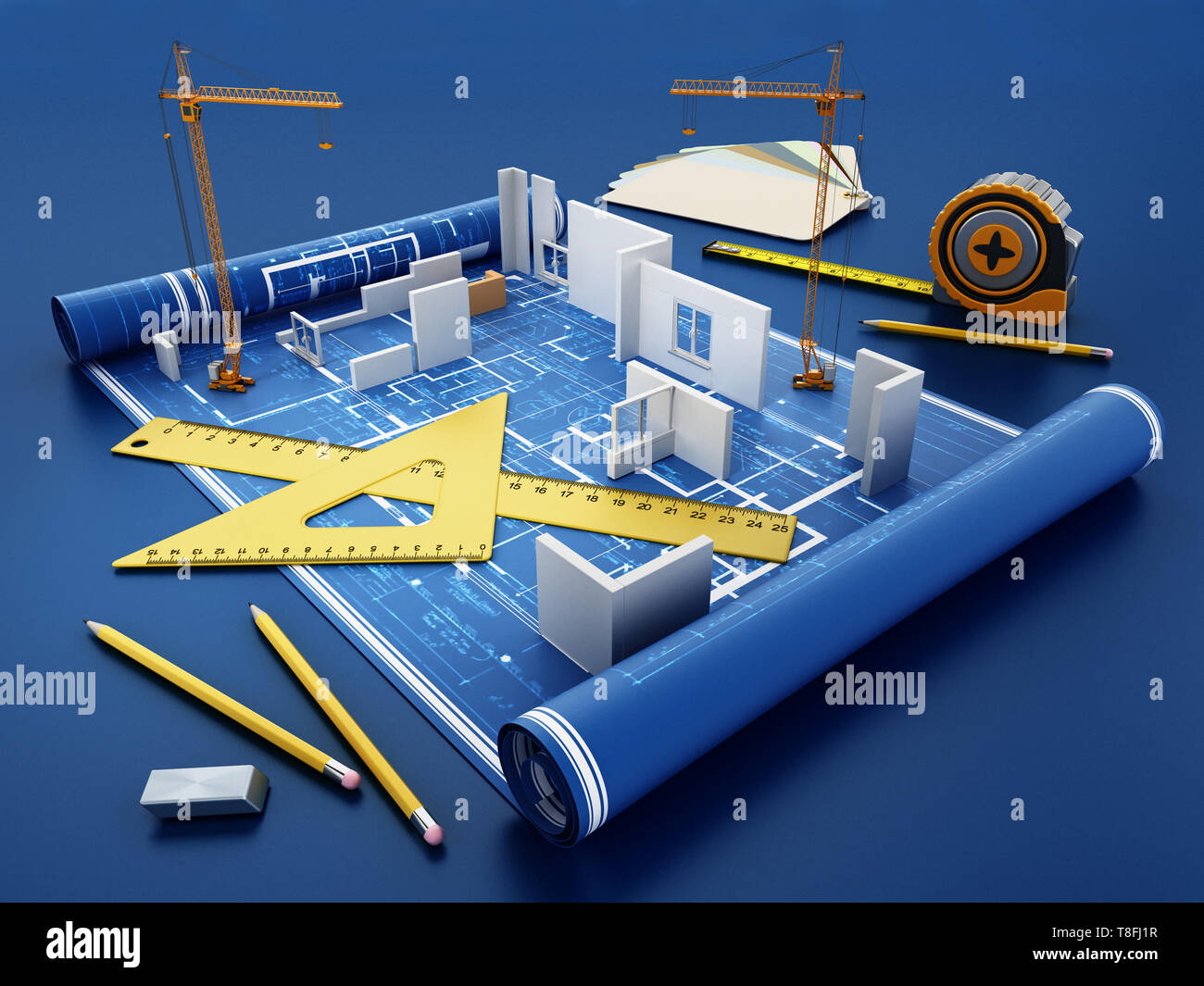 Haus Bauvorhaben mit Linealen, Maßband, Bleistifte und Farbe cartela. 3D-Darstellung. Stockfoto