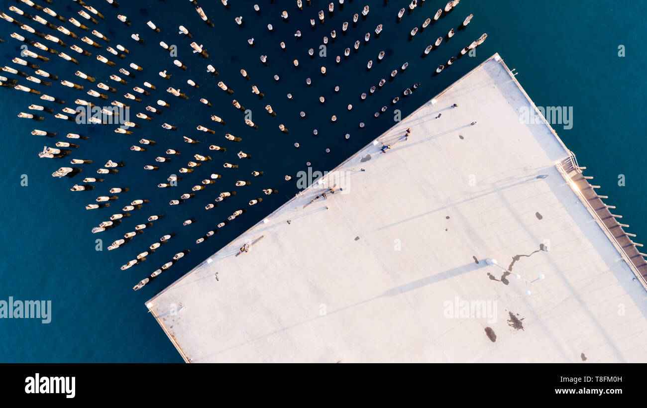 Unten ein Blick auf die stillgelegte Holzstützen, für was verwendet eine Erweiterung des Fürsten Pier in Port Melbourne, Victoria, Australien. Stockfoto
