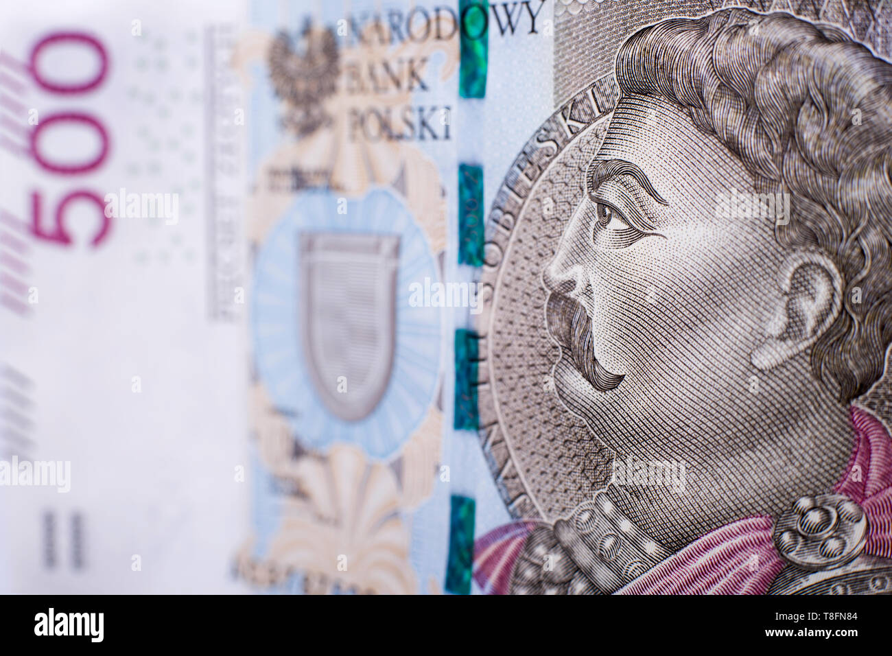 500 Polnische Zloty Banknote zuschneiden - Jan III Sobieski Porträts. Makroaufnahme. Geringe Tiefenschärfe. SDF. Stockfoto