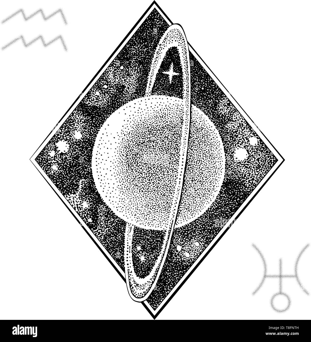 Uranus Planet. Hand Vector Illustration in dotwork Stil mit astrologischen Symbol und ein Symbol der Sternzeichen Wassermann gezogen. Raumkonzept, Astrolog Stock Vektor