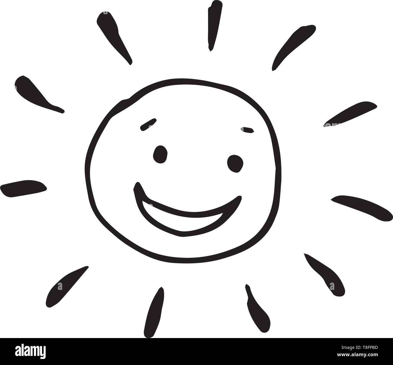 Lächelnd glücklich schwarze und weiße Zeichnung der Sonne im Vektor. Stock Vektor