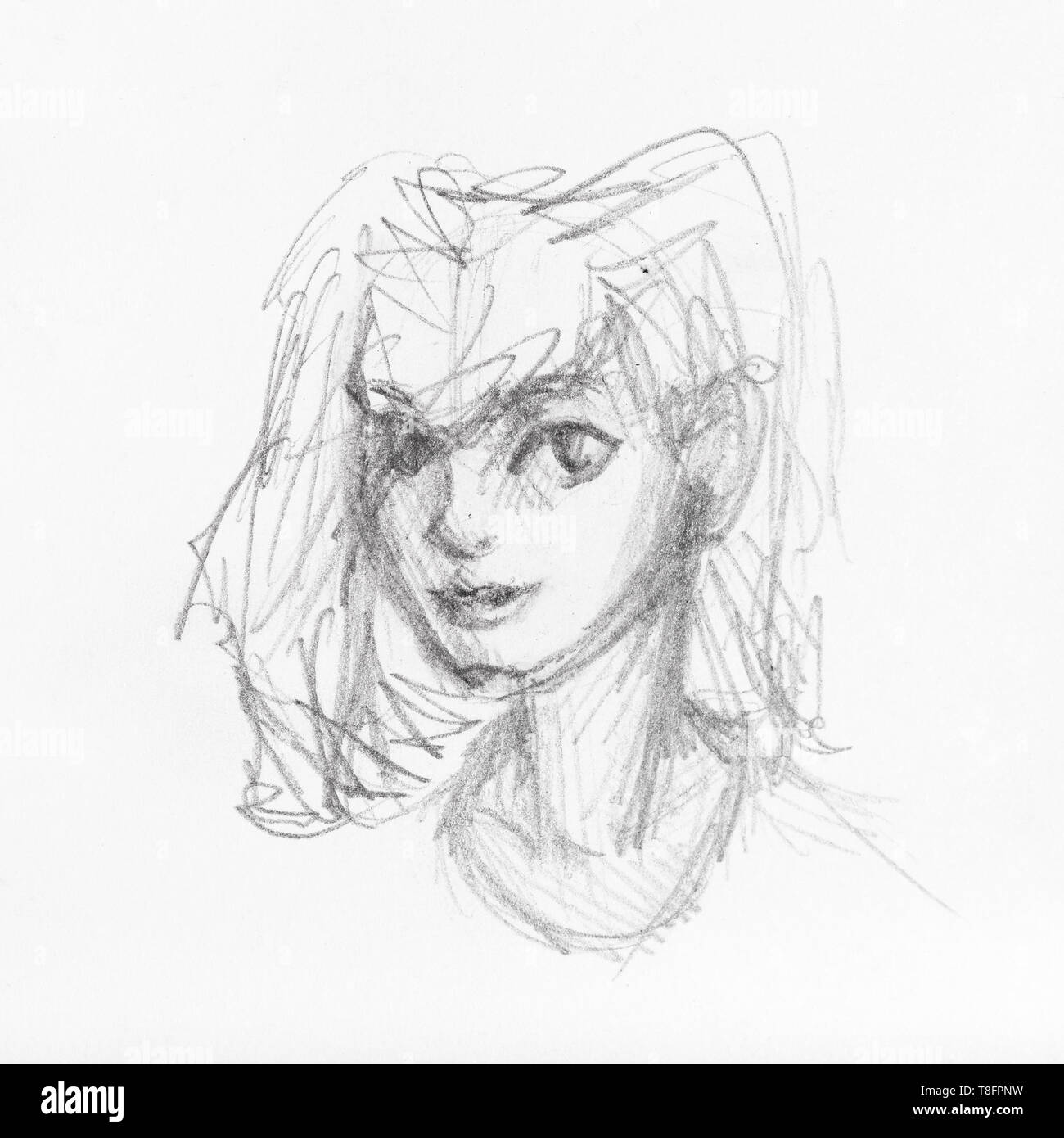 Skizze der Kopf des Mädchens verfilzte Haare von Hand von schwarzen Stift auf weißem Papier gezeichnet Stockfoto