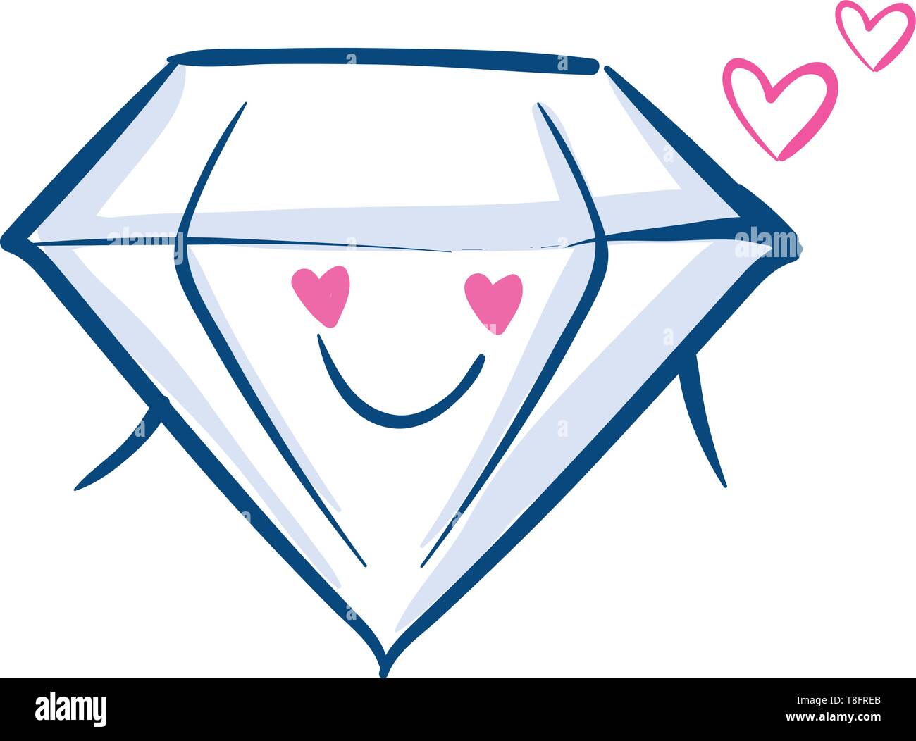 Emoji der Malerei der reizvollen und romantischen Diamond hat einen netten kleinen lächelnden Gesicht und ein paar rosa Herzen auf weißem Hintergrund, Vektor driften, Co Stock Vektor