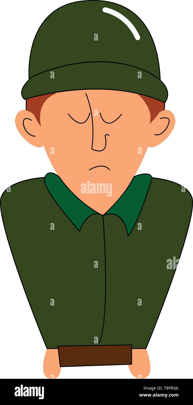 Der Soldat in Uniform trägt eine grüne Kappe, braun Hose, und mit geschlossenen Augen drückt Trauer set isoliert auf weißem Hintergrund aus gesehen Stock Vektor