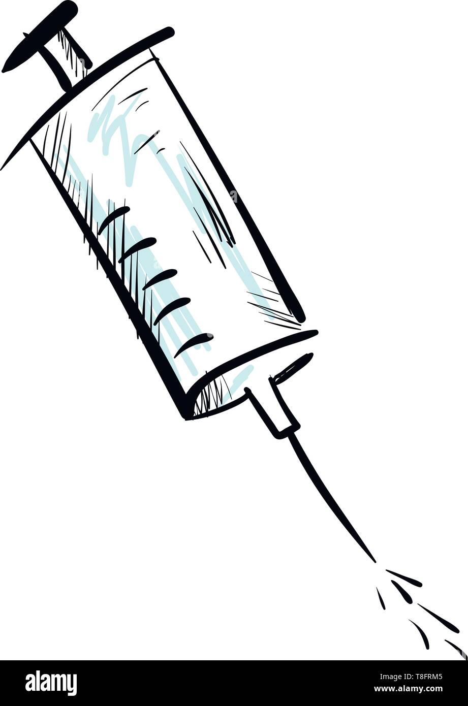 Zeichnung von eine Spritze mit Graduierung und verzichtet Medizin auf weißem Hintergrund von der Seite, Vektor gesehen isolierte Gruppe, Farbe dr Stock Vektor