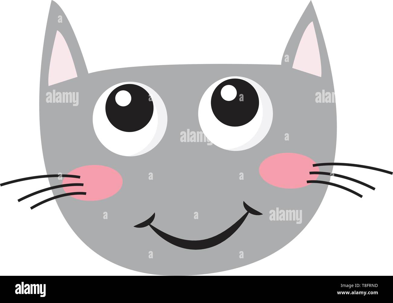 Eine graue Katze hat ein rundes Gesicht mit Dreieck - wie rosa Ohren, schwarze Schnurrhaare, hat ein Lächeln bis auf die Wange auf weißem Hintergrund aus dem Fr gesehen Stock Vektor