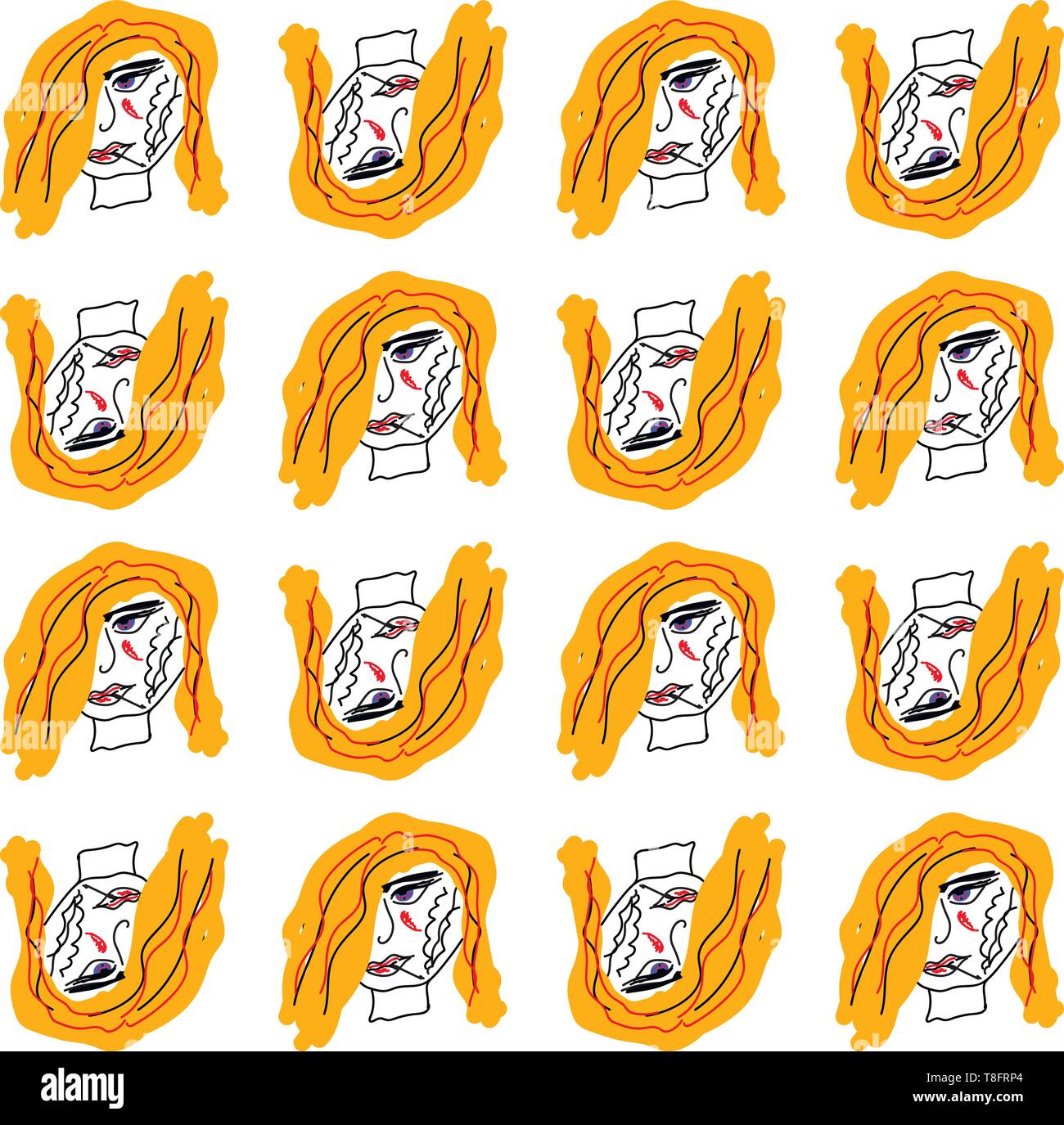 Regelmäßige Muster der Gesicht einer rauchenden Frau in die Haare, in vier horizontalen Reihen abwechselnd nach oben und unten Positionen aus der f angezeigt Stock Vektor