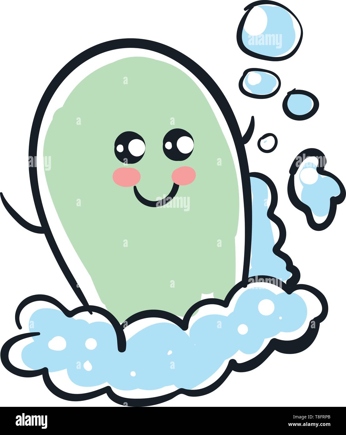 Emoji der eine niedliche graue Seife hat einen netten kleinen Gesicht mit beiden Augen nach oben gerollt - Links, und Hände weit geöffneten genießt das Wasser beim Blasen oder Foa Stock Vektor
