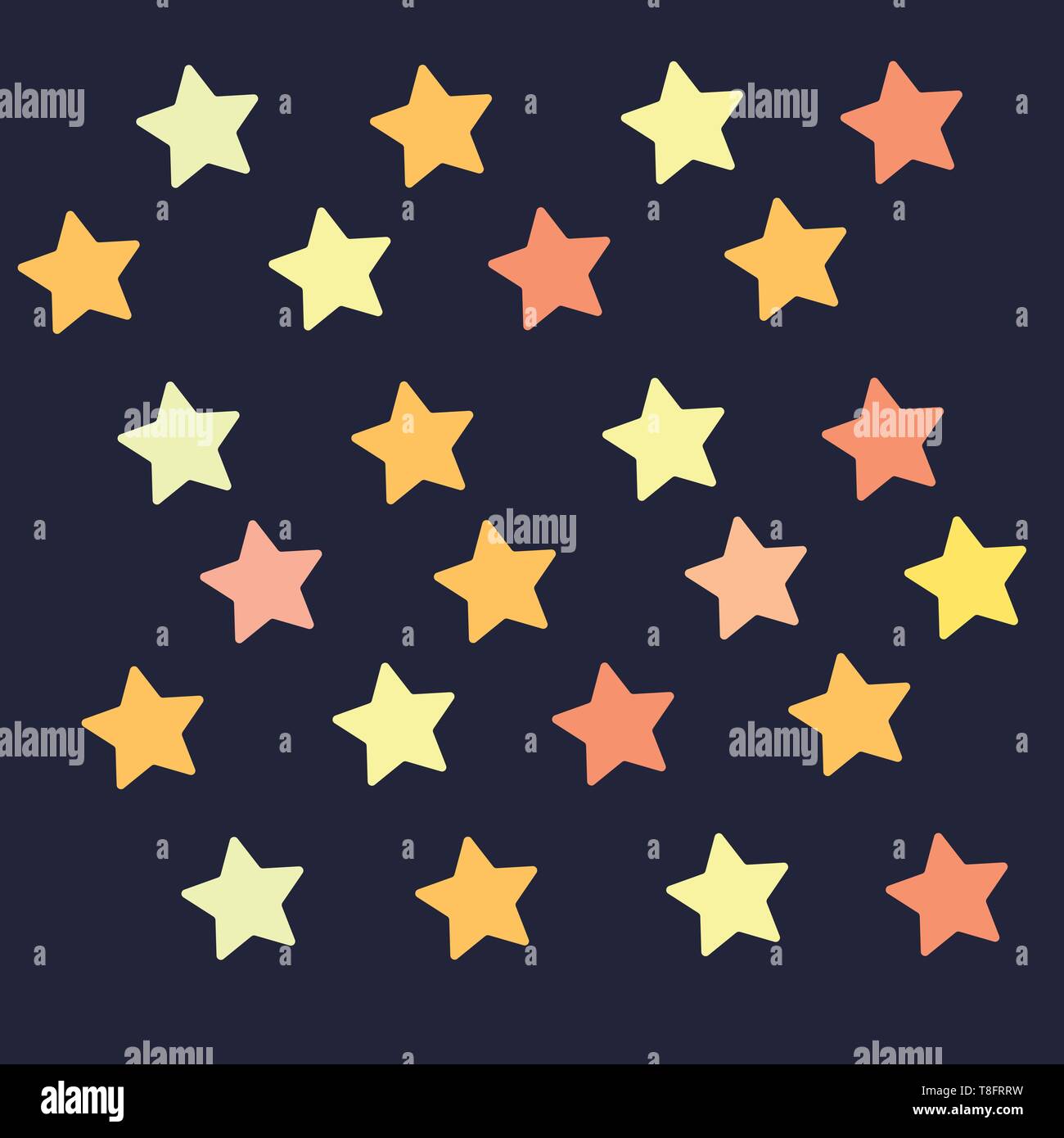 Regelmäßige Muster der bunten Sterne über schwarzen Hintergrund auf schwarzem Hintergrund von vorne, Vektor gesehen isoliert, Farbe, Zeichnung oder Illustra Stock Vektor