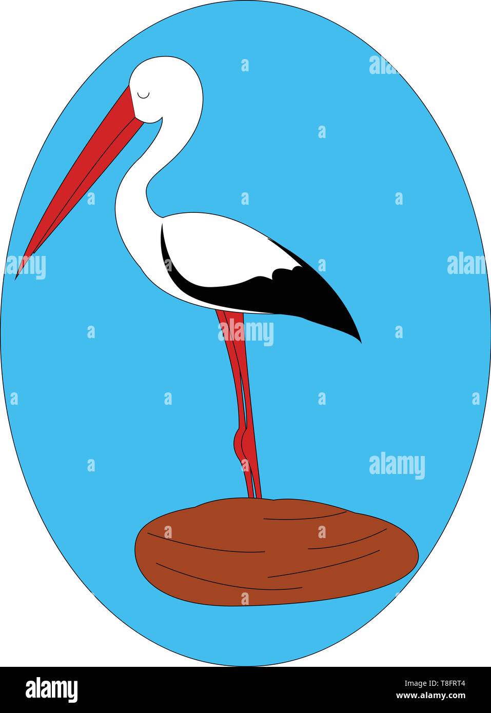 Portrait der Storch Vogel in Schwarz und Weiß mit langen spitzen roten Rechnung steht mit Blick auf blauem Hintergrund von der Seite, Vektor gesehen geschlossen, Col Stock Vektor